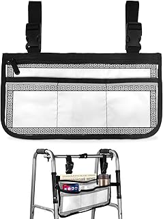 Black Geometric Wheelchair Side Bag Walker Bag, Greek Key Design Traditional Retro White Wheelchair Accessories Armrest Pouch, Organizer Storage Bag for Walkers, Rollators, Scooters, 7.3'x13'