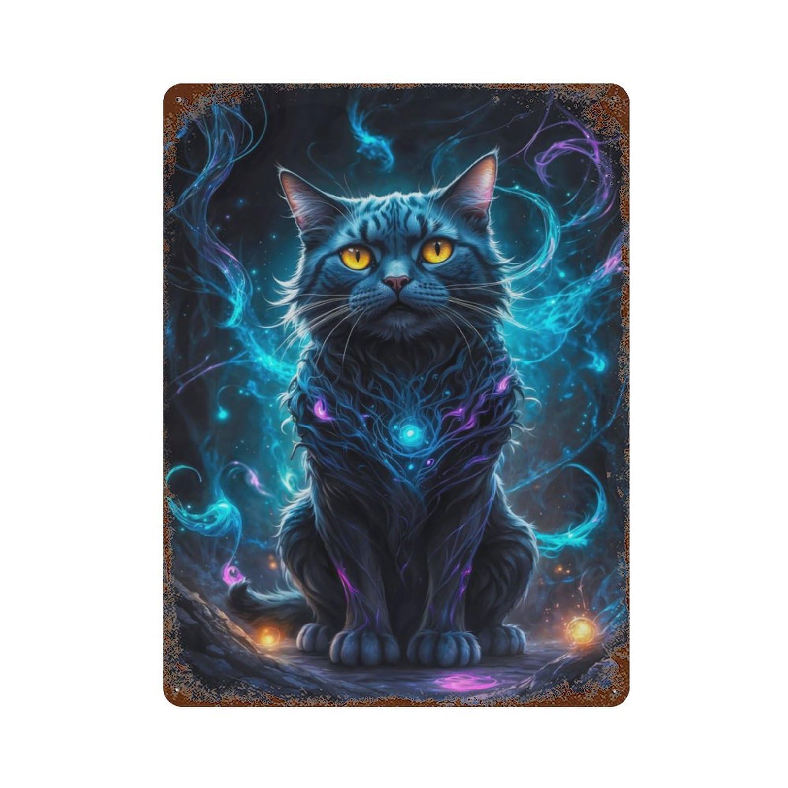 Black Cat in Neon Space Rusty Metal Tin Sign 15.7"x11.8", for Living Room, Hallway And Home Decor, Old School Wall Decor
