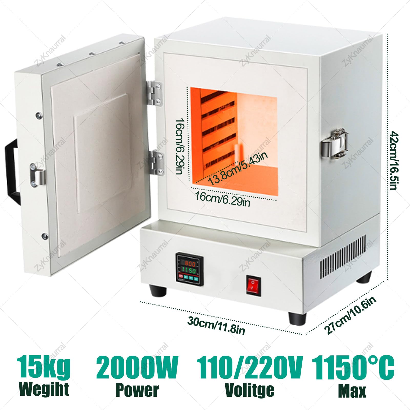 Horno de mufla eléctrico 2000W - Horno de mufla de alta temperatura de 1150 °C para laboratorio, producción industrial y procesamiento de joyería, horno de calcinación compacto de sobremesa con c