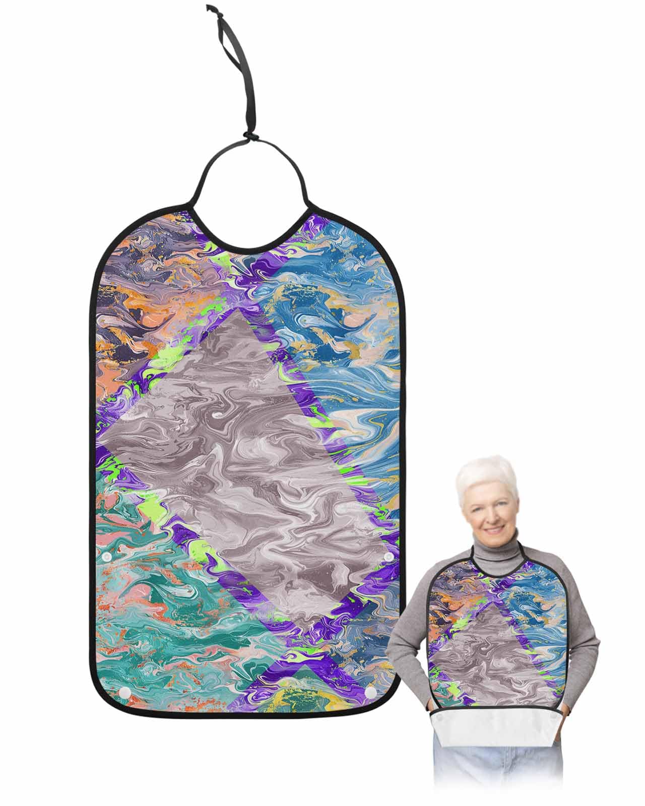 Onekaccu Marble Grey Blue Orange Green Teal Abstract Art Adult Bibs for Elderly Women Men Washable Bibs for Eating, Waterproof Clothing Protectors Adult Bibs with Crumb Catcher