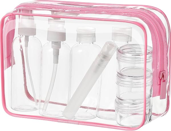 MOCOCITO Kit de Voyage Transparent, Trousse de Toilette Transparent, 5pcs Bouteilles Vides (Max.100ml) + Étiquettes Vierges + Feutres à Encre Permanente - 1