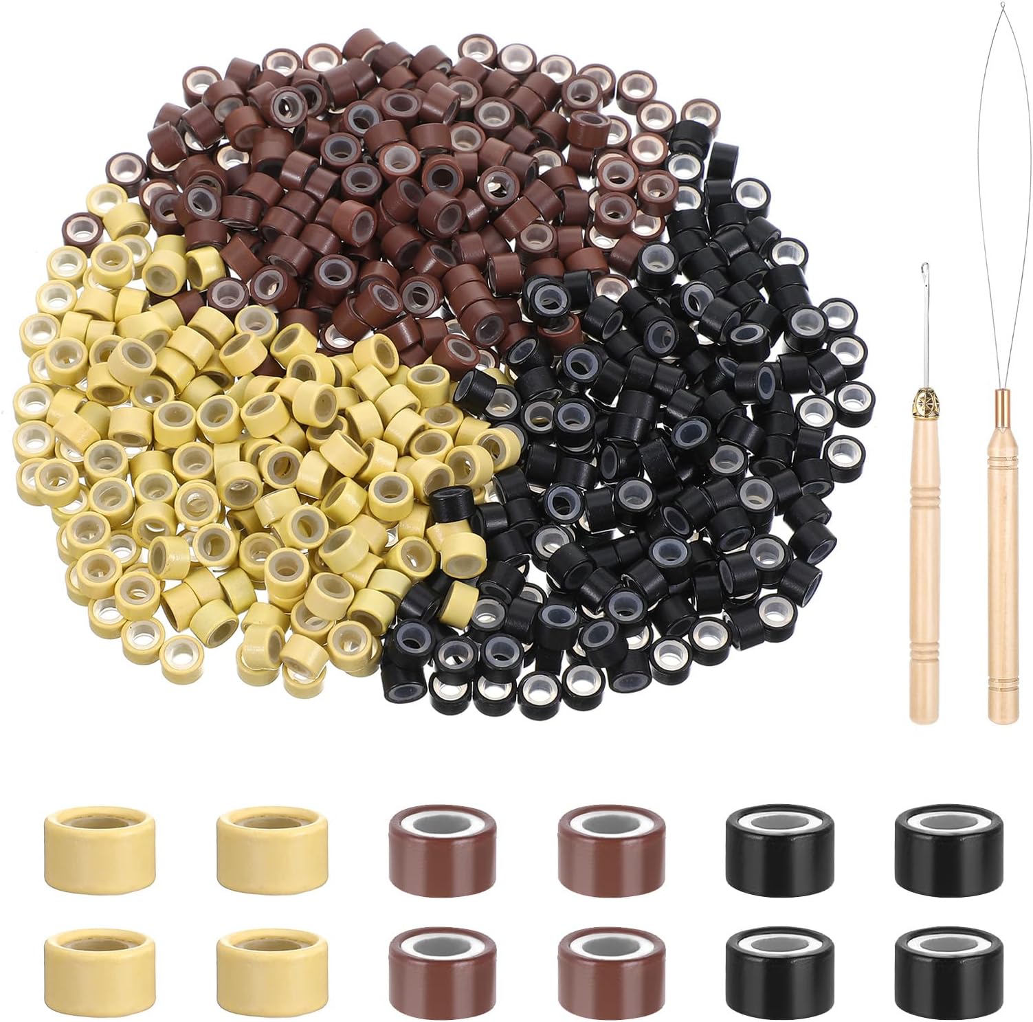 600Pcs Hair Extentions Beads 4mm Silicone Lined Micro Beads with Pulling Hook Needle, Bead Device Tool Kits for Hair Extensions (Brown-Black-Blonde)