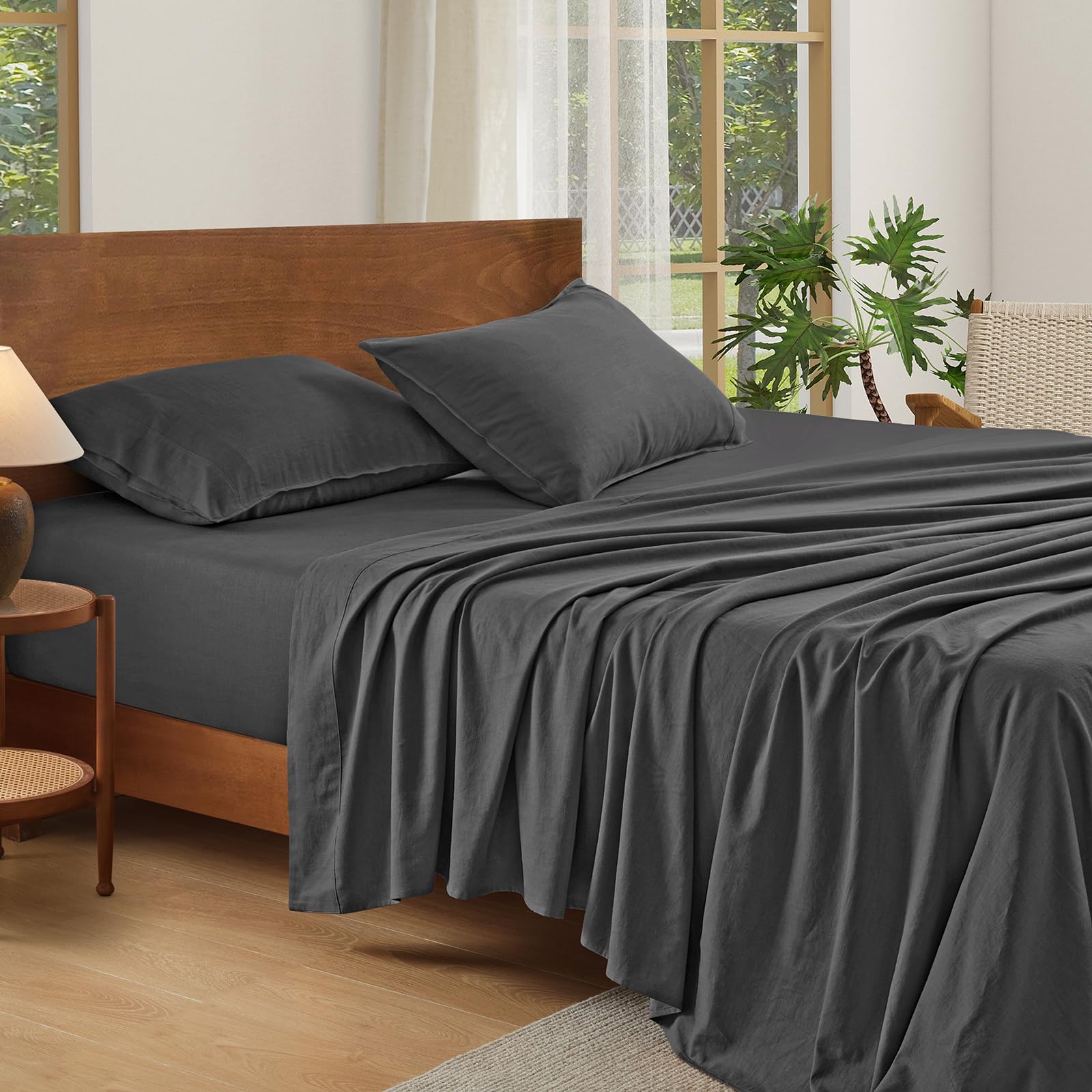 Parure de lit en lin français haut de gamme drap et taies gris foncé