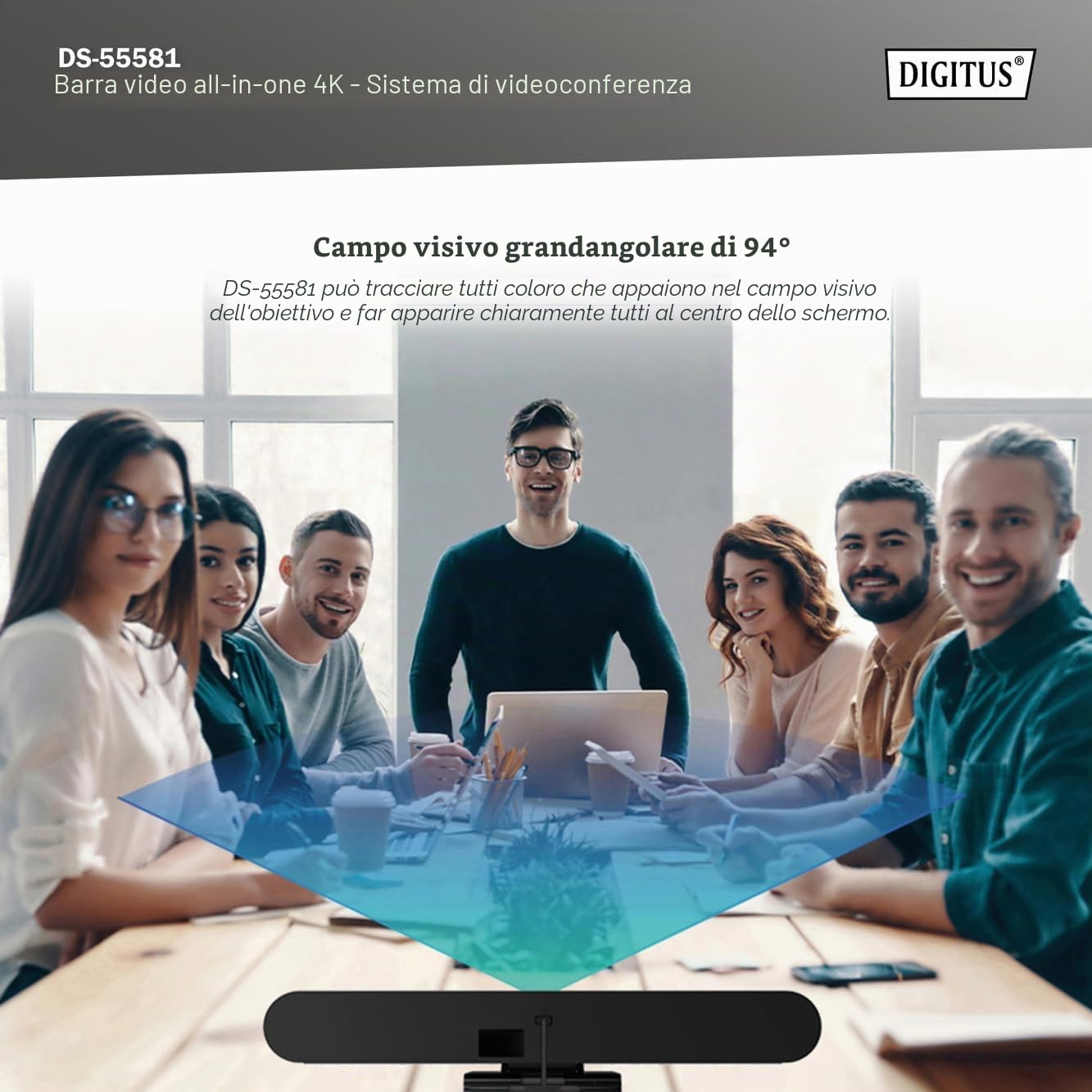 DIGITUS DS-55581 Video Bar Mini, Sistema di videoconferenza - Webcam 4K UHD 30 Hz ePTZ - 2 microfoni interni - altoparlante interno 2 W - messa a fuoco e zoom automatici, cancellazione dell'eco