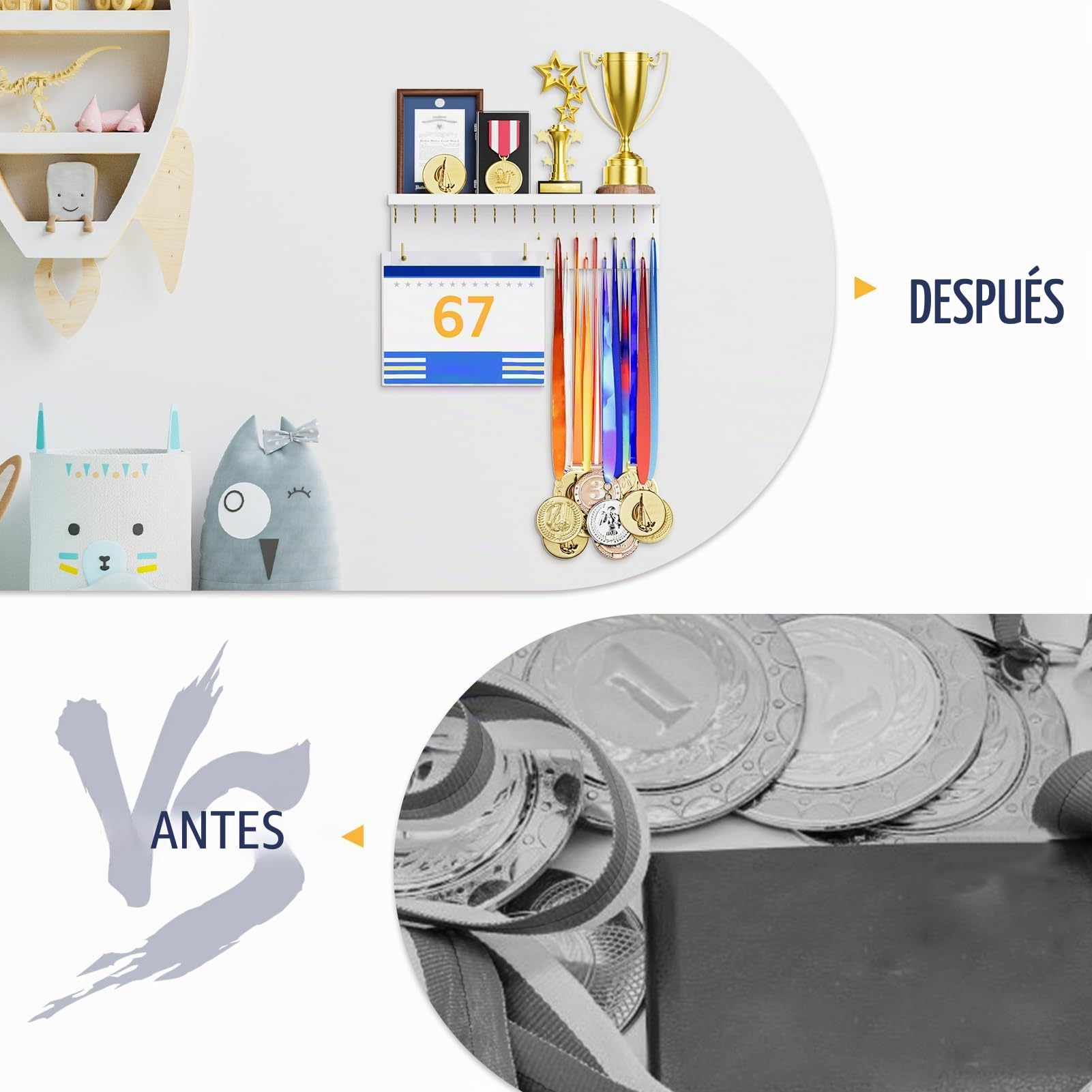 Soporte para medallas, organizador de trofeos, estante de madera resistente para colgar trofeos