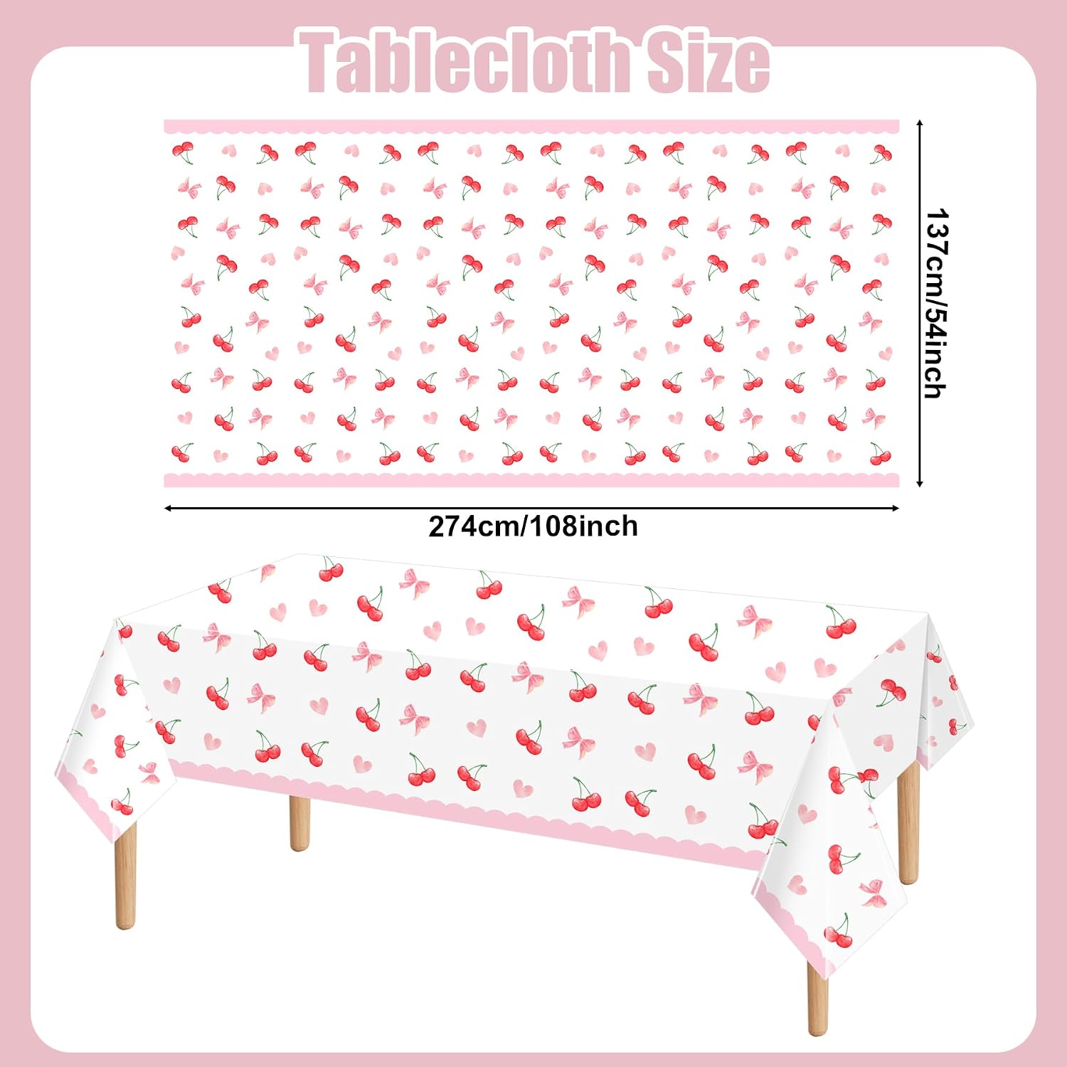 3Pcs Pink Bow Cherry Plastic Tablecloth, 54 x 108 Inch Waterproof Cherry Heart Party Table Cover, Coquette Cherry Birthday Decorations for Wedding, Baby Shower, Girls Birthday Party Supplies image 3