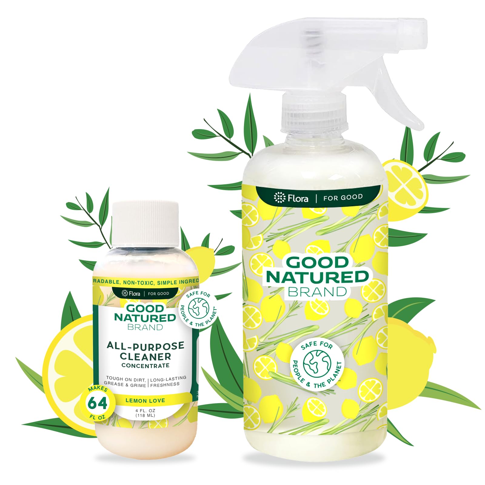 Good Natured Brand All-Purpose Cleaner Concentrate + 16 oz Bottle | Multi-Surface Cleaner | Natural Lemon Essential Oil | Multipurpose Cleaner All Surfaces | Lemon Love | 4oz makes 64oz
