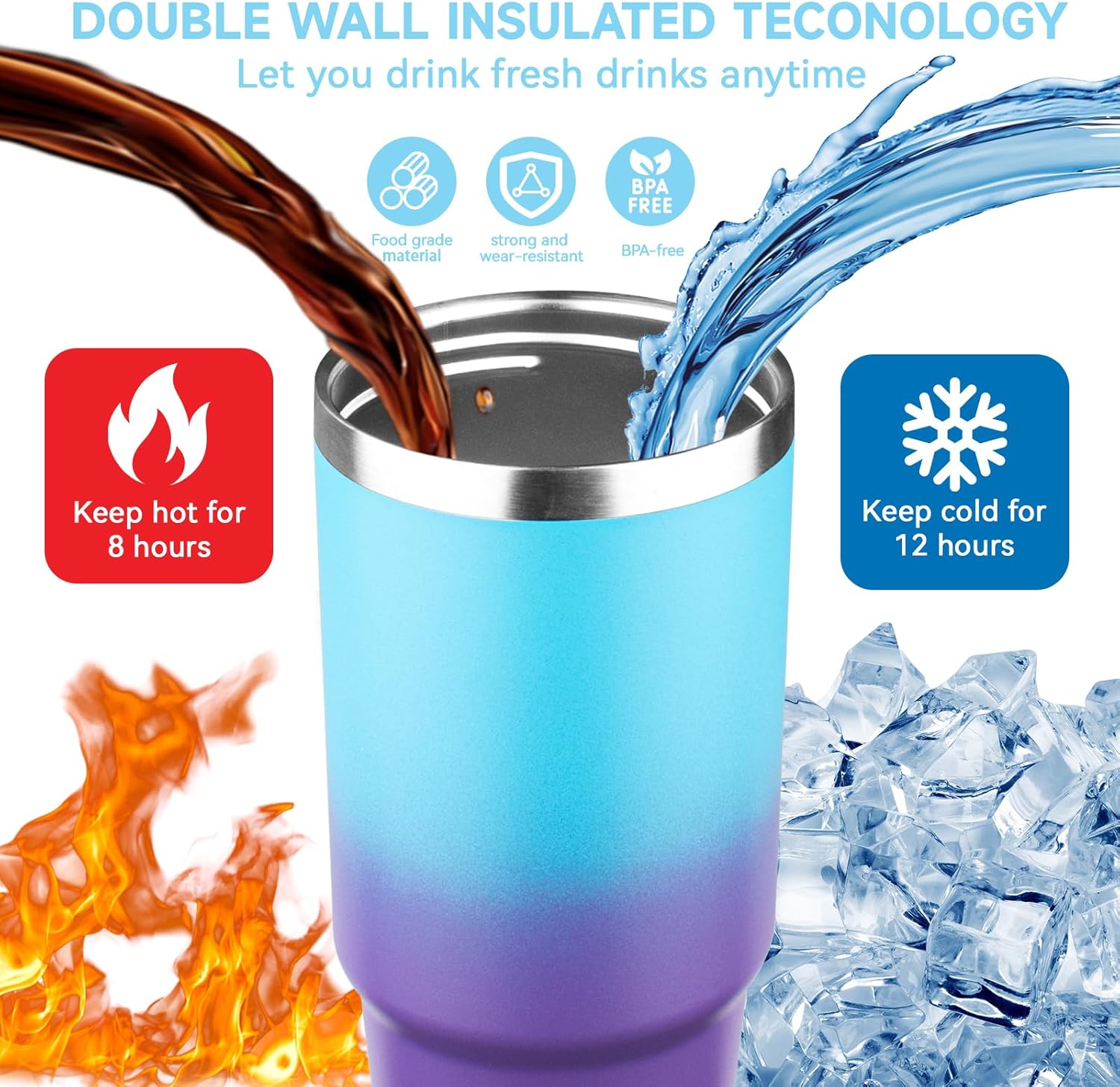 30oz Tumbler with Handle and Flip Straw Lid Double Wall Insulated Travel Coffee Mug Stainless Steel Vacuum Insulated Coffee Tumbler Cup for Hot and Cold Beverages,Leak-proof&BPA-free（30oz,Blue Purple） - Image 4