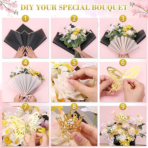 Miniatura 7 de Tetutor 206 hojas de papel de regalo de flores impermeables, hojas de papel de regalo de ramos, papeles de envoltura floral con cintas, alfileres de