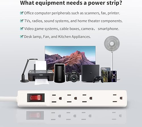 Miniatura 7 de PLUGTUL Regleta protectora contra sobretensiones, paquete de 2 4 tomas de corriente y cable de extensión de 2 pies, 1875 W15 A 90 julios,
