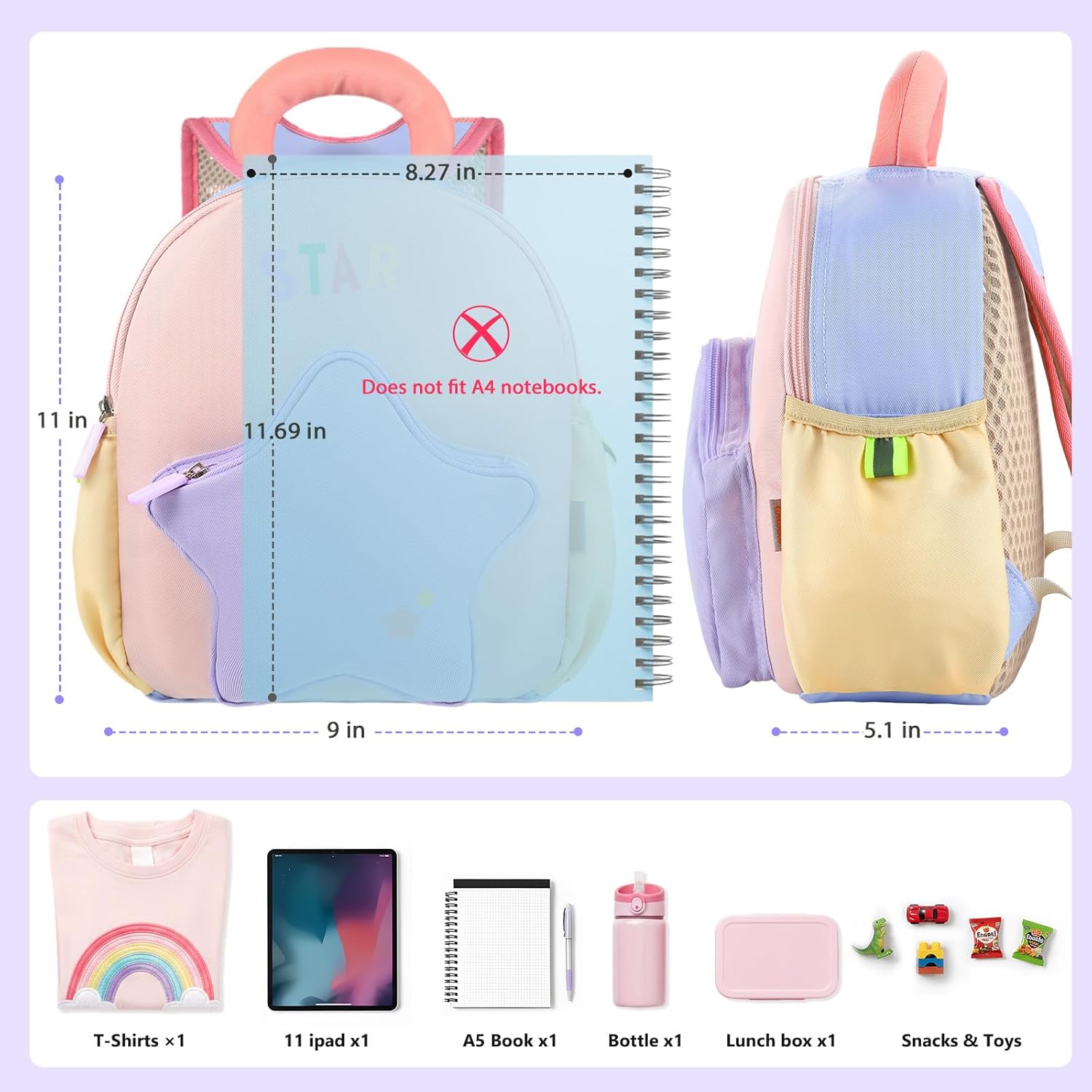 GAGAKU Toddler Backpack for 2-4 years with Whistle & Reflective Strip, Purple Pink Star Girls Backpack Splash-proof Water Design Lightweight School Preschool Bookbag