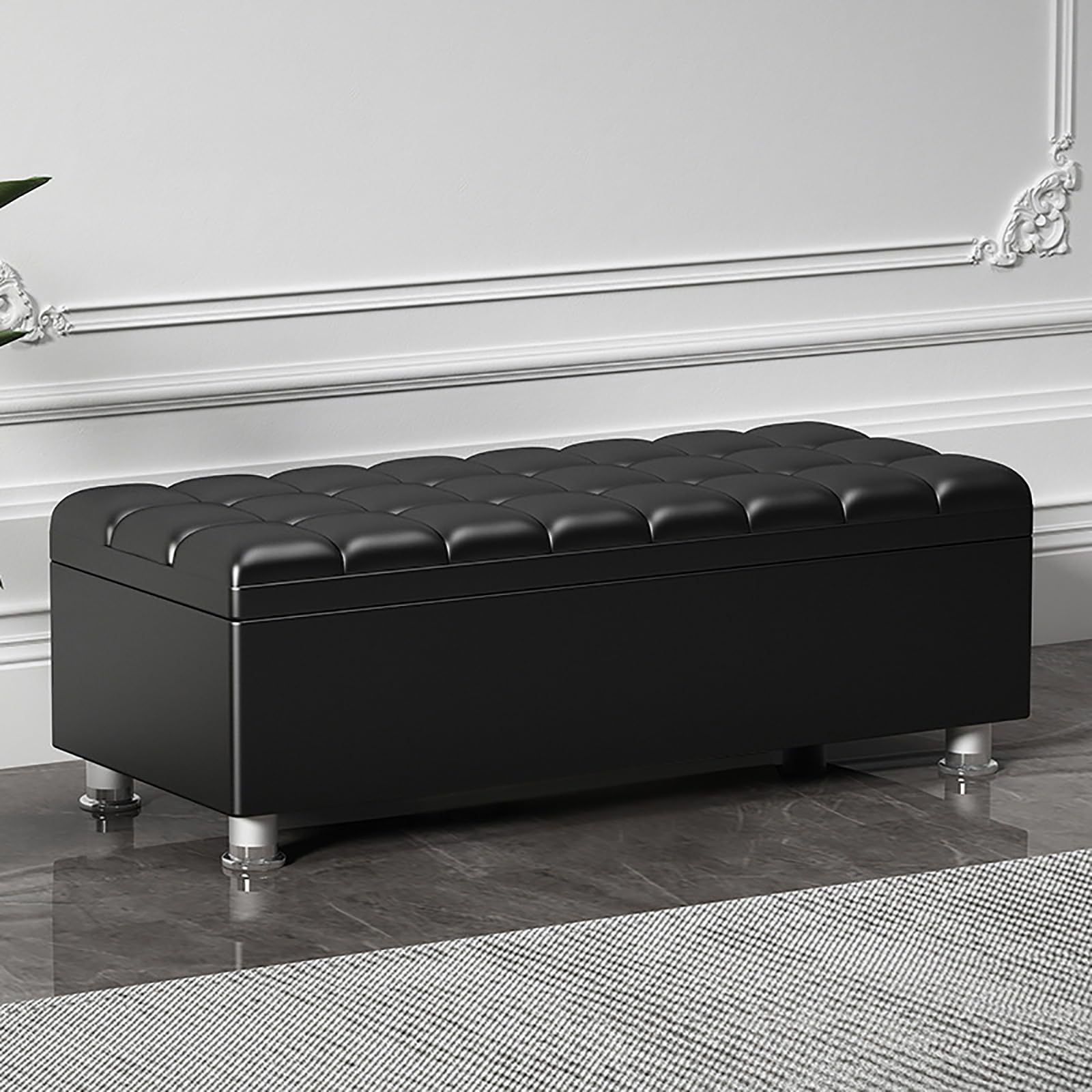WJFTODAY Stylish Black Storage Bench for Bedroom & Living Room Multifunctional Padded Ottoman Shoe Rack Synthetic Leather Foot Rest for Entryway & Corridor (39.4" Width)