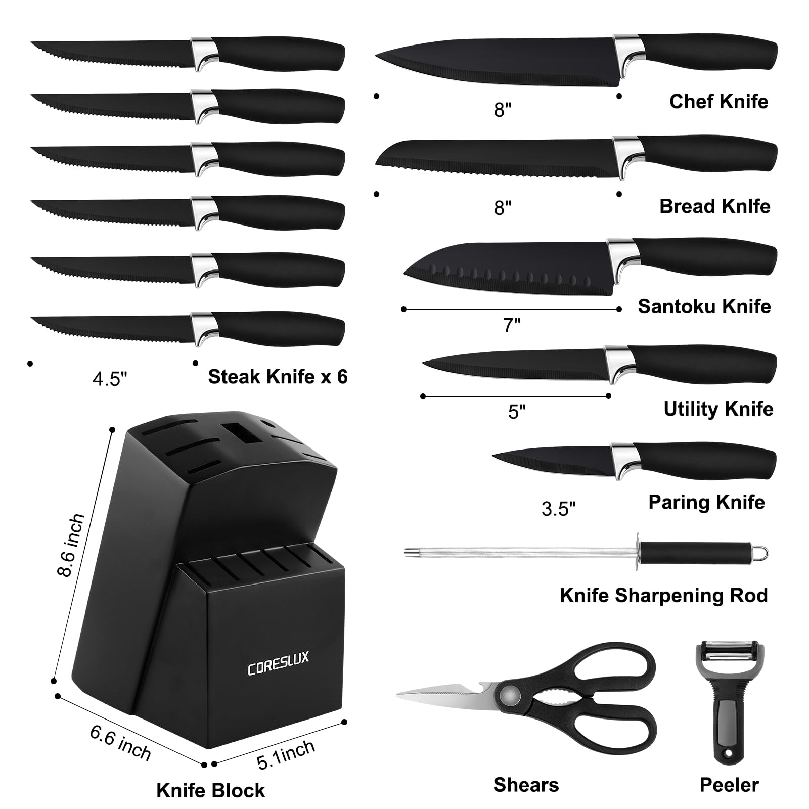 Messerblock mit Messer 15-teilig, Scharf Edelstahl Messerset Set mit Block, Küchenmesser Set mit Kochmesser, Antihaftbeschichtung, Ergonomischen-Griff, Schwarz