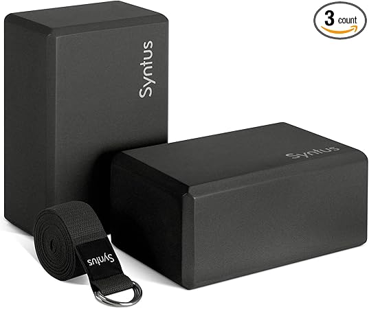 Syntus Yoga Block and Yoga Strap Set, 2 Soft Non-Slip Yoga Blocks 9 6 4 inches, 8FT Metal D-Ring Strap for Yoga, General Fitness, Pilates, Stretching and Toning