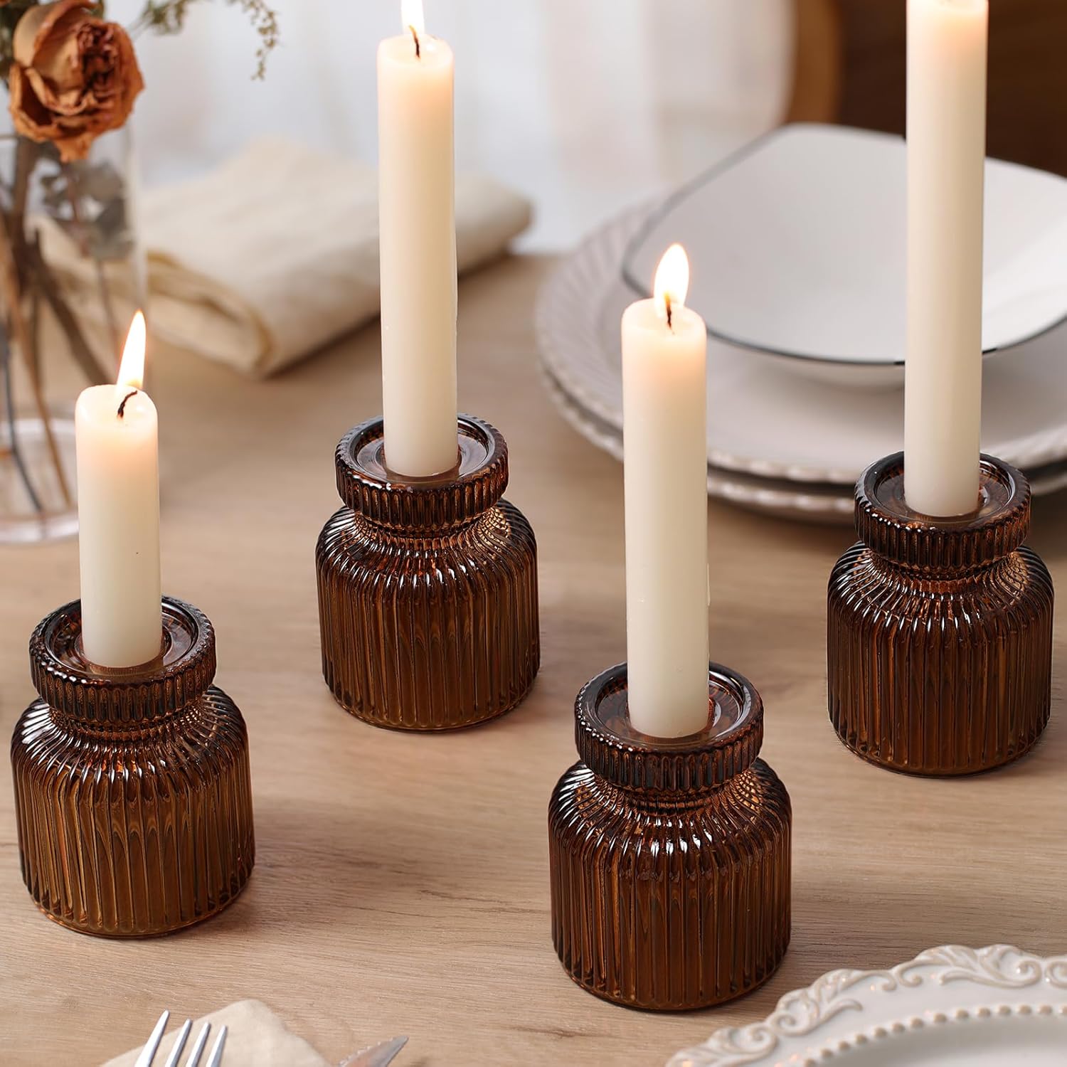 DARJEN 12 Pcs Glass Candlestick Holders- Amber Taper Candlestick Holders Tealight Votive Candle Holders for Table Centerpieces, Wedding, Dinner Party, Home Decor