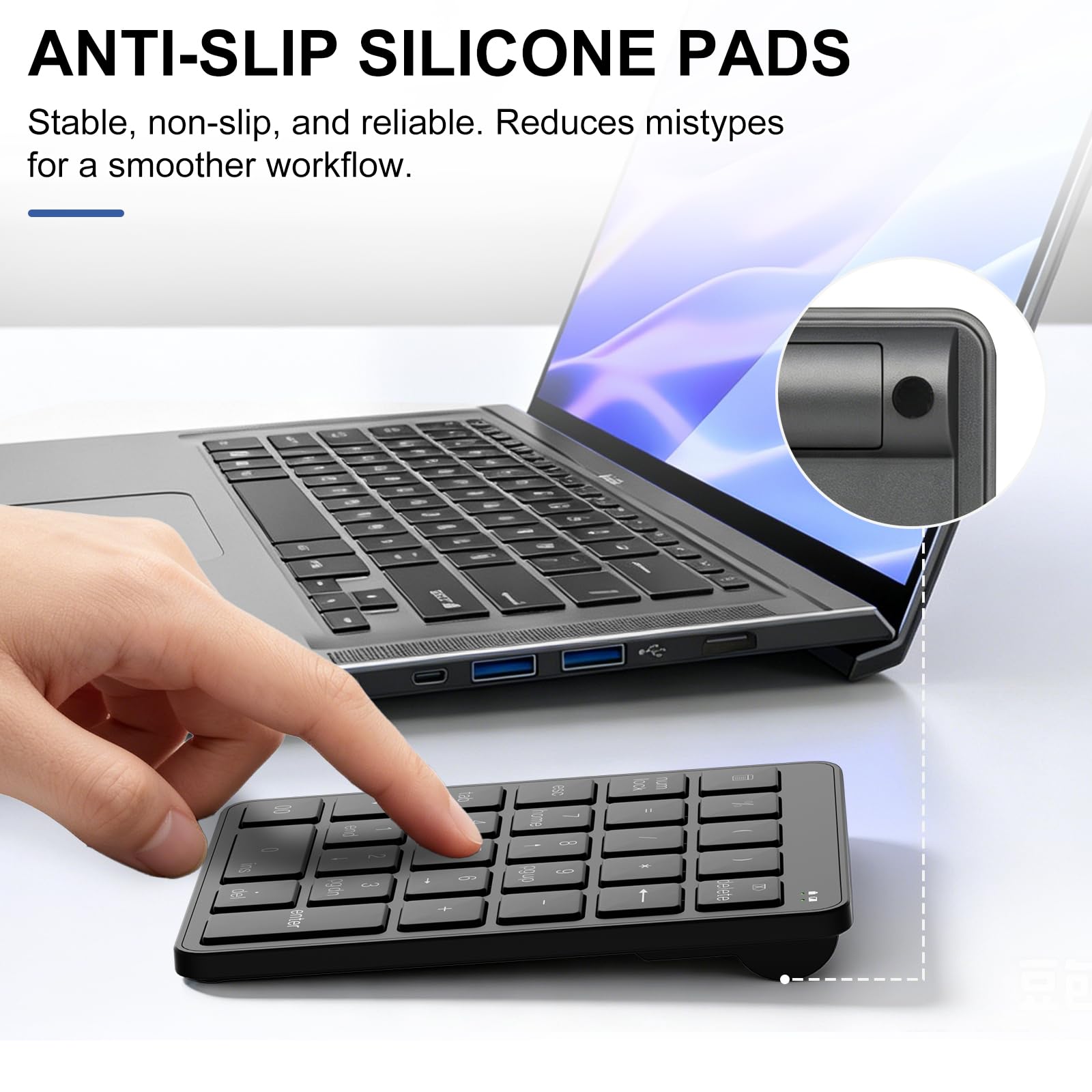 Pavé numérique sans fil avec adaptateur USB vers USB-C, pavé numérique 28 touches portable 2,4 GHz, clavier USB à 10 touches pour ordinateur portable, PC, bureau, Surface Pro, Notebook – Noir