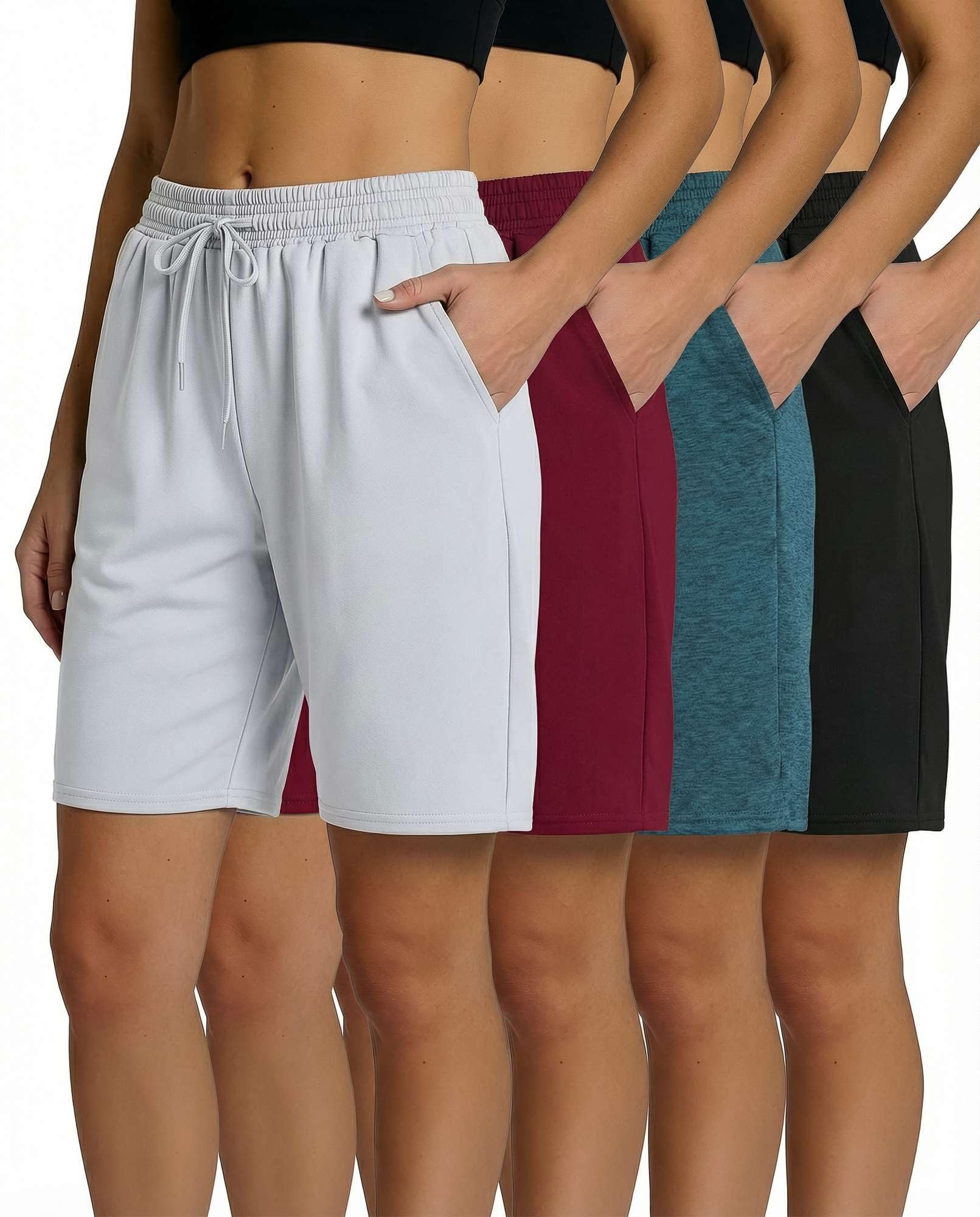 Real Essentials 4 Pack: Women's Dry-Fit Athletic 7" Bermuda Long High Waisted Running Shorts (Available in Plus Size)
