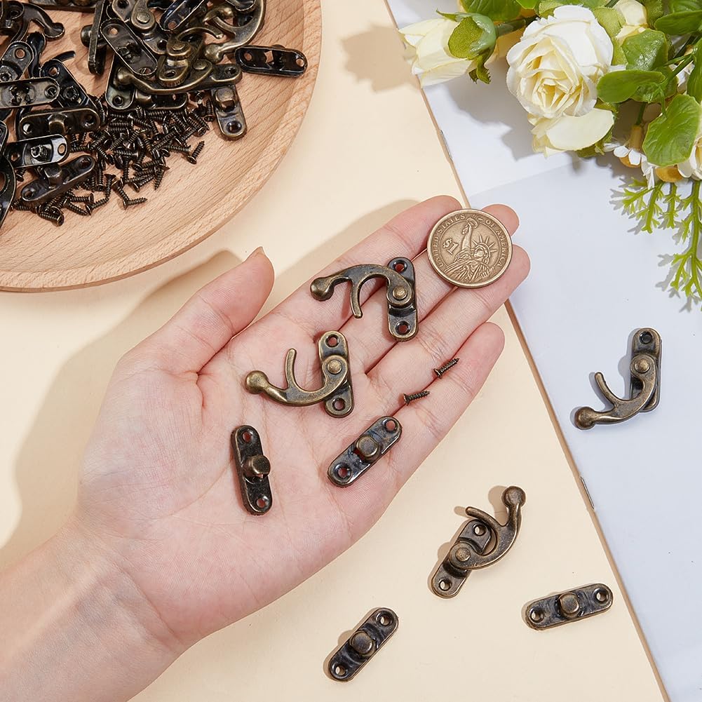 20PCS Mini Vintage Swing Arm Lock Left and Right Antique Bronze Hook Hasp Latch Clasp 1.3 x 1.1 Inch Alloy Catch Curved Buckle with Screws for Wooden Wine Jewelry Box Gift Chest Suitcase