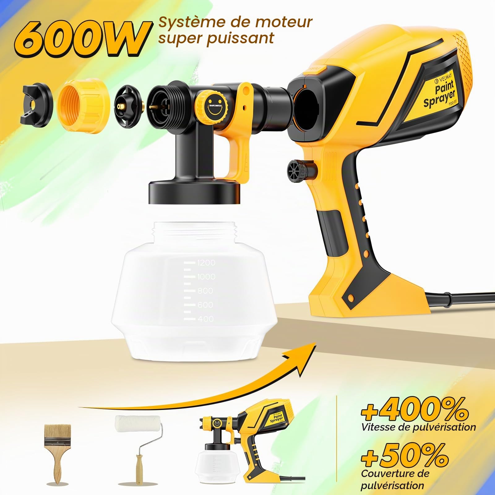 Velway Pistolet à Peinture, 600W HVLP Pistolet Peinture Électrique avec réservoir 1200 ML, 5 Buses & 3 Motifs, Facile à Utiliser pour Meubles, Clôtures, Murs, Armoires, Plafonds, Abri de Jardin