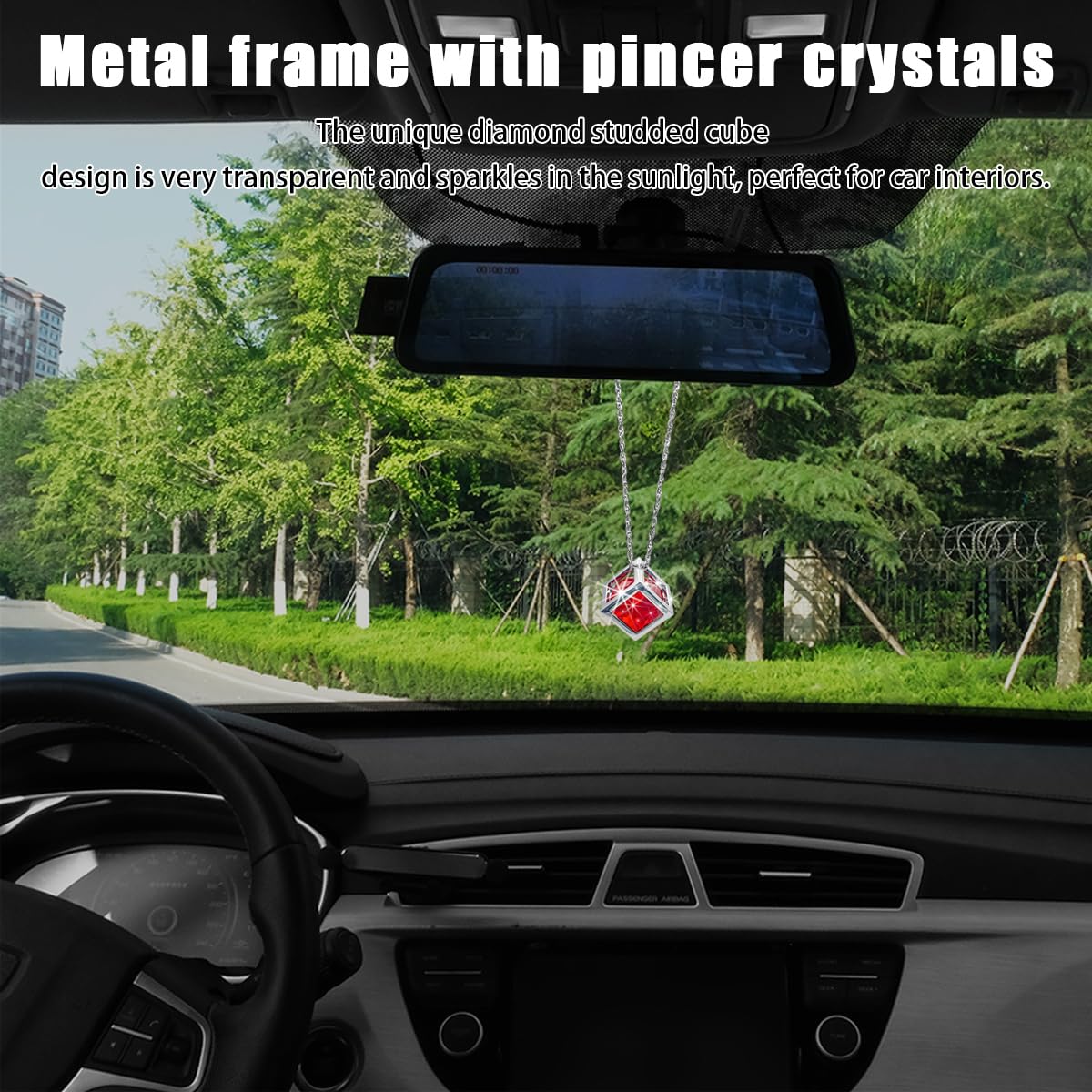 Car Rear View Mirror Charm - Sparkling Crystal Rhinestone Cube Hanging Ornament For Auto Decor