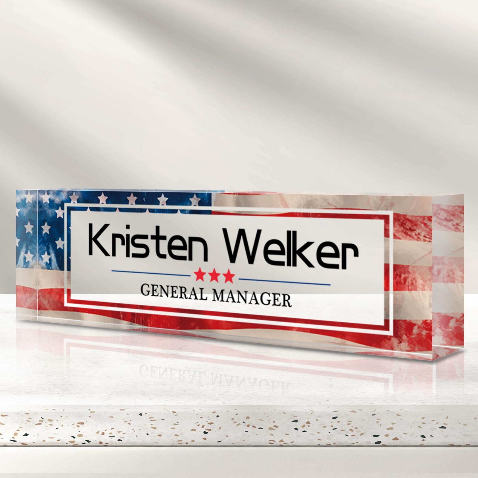Personalized Name Plate for Desk - Custom Engraved Name Plates for Man - Boss Day Gifts for Boss - Acrylic Office Decor Appreciation Gifts for Teacher Nurse Coworker Social Worker (Flag)