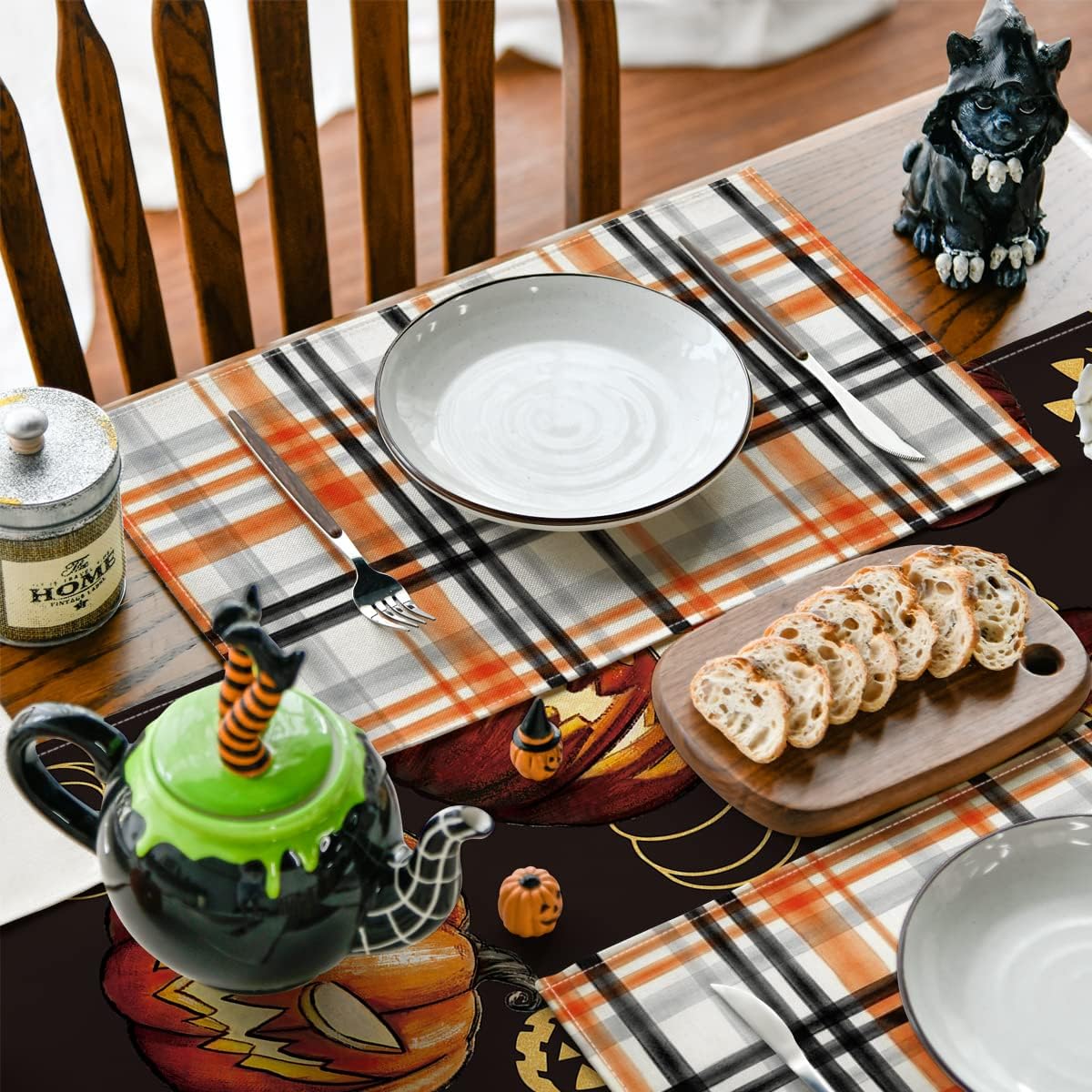 Artoid Mode Orange Black Buffalo Plaid Fall Placemats Set of 4, 12x18 Inch Halloween Seasonal Table Mats for Party Kitchen Dining Decoration