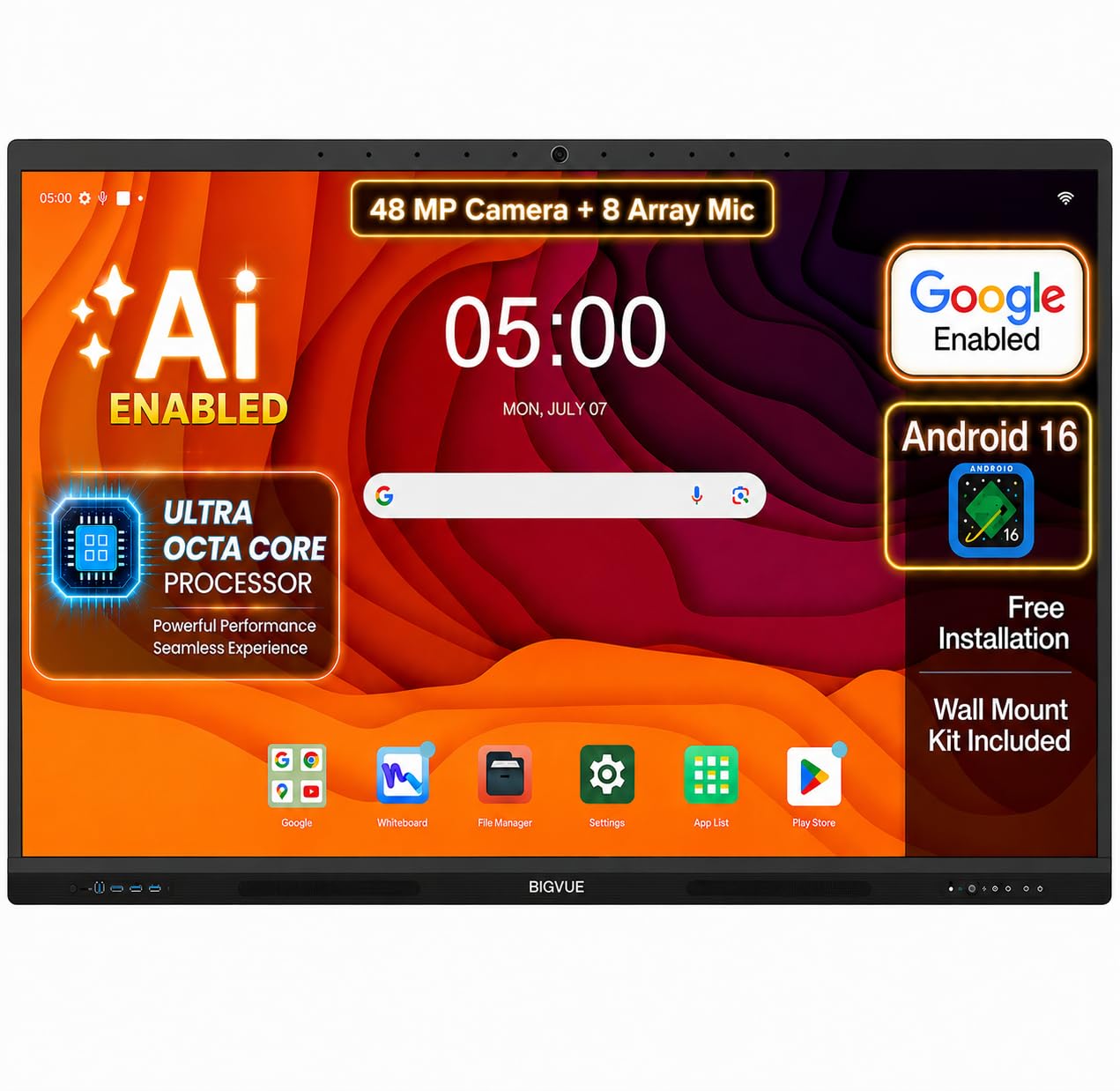 big vue pro 86 inch android 14 smart interactive television - all-in-1 digital board, 8 gb ram 128 gb rom, ai-copilot, 48mp camera with microphone, multitouch screen display for teaching & office use
