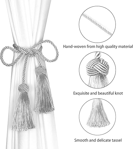 Miniatura 3 de BEL AVENIR Paquete de 4 alzapaños decorativos hechos a mano para cortinas con borlas (plata, paquete de 4)