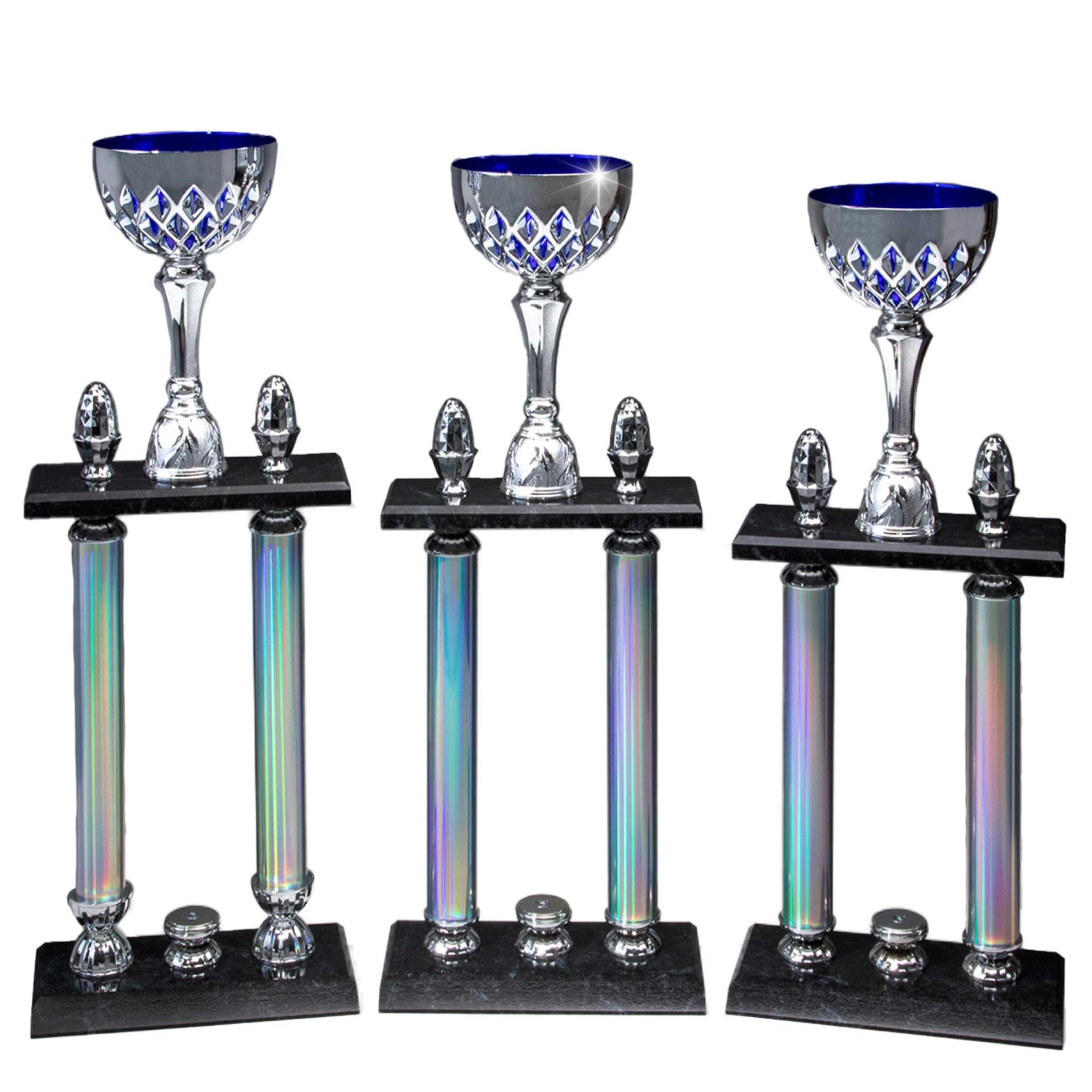 3er-Serie Säulenpokale Silber-Blau: Pokal Trophäe Award personalisierbar mit Gravur & Schraubfigur – ideal für Turniere, Ehrungen & Vereinswettkämpfe