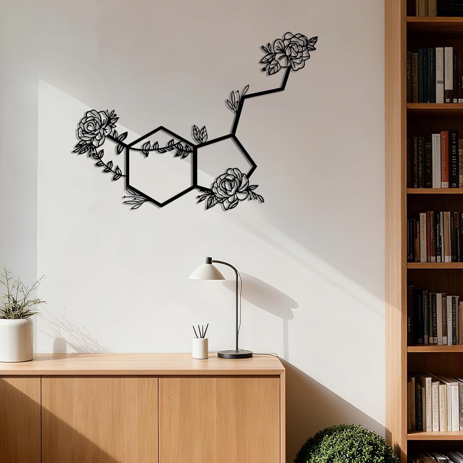 Slickss Flowered Serotonin Molecule Symbol of Happiness Wall Decor- Connectable Hexagon Set with Pre-Drilled Holes for Living Room, Bedroom(31.4x22.8in,Black) (3-Piece Set to Combine as One)