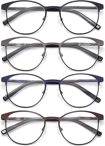 Miniatura 2 de HIGHLIKE Paquete de 4 lentes de lectura redondos con marco de metal con bloqueo de luz azul para mujeres y hombres, lectores de bisagra de resorte,
