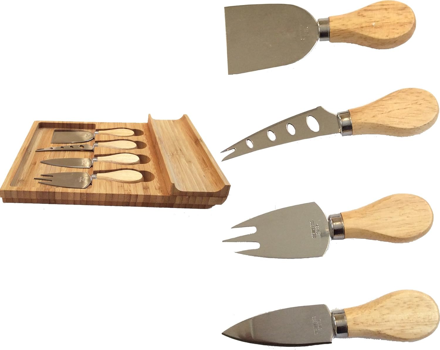 100% Bamboo Cheese Board with Cutlery Set | Wooden Serving Platter with Slide-Out Drawer & 4 Piece Stainless Steel Serving Set | Novelty Housewarming, Wedding Gift Idea | Premium Design BPA Free