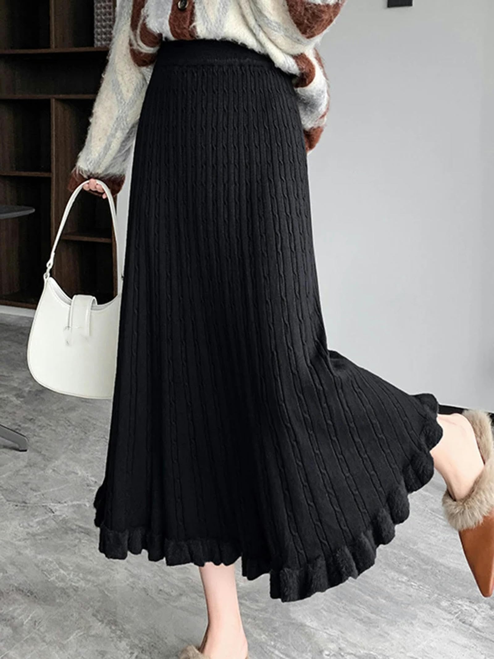 MdybF Czarna spódnica dzianinowa długa spódnica damska zimowa ciepła spódnica midi elegancka na co dzień moda wysoka talia spódnica o linii A