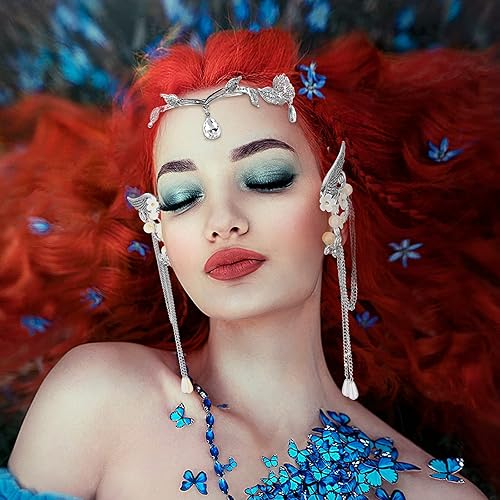 Miniatura 5 de Juego de 8 piezas de disfraz de Halloween de hada con corona de hojas de diamantes de imitación, diadema con diadema de orejas de elfo y 2 pares de