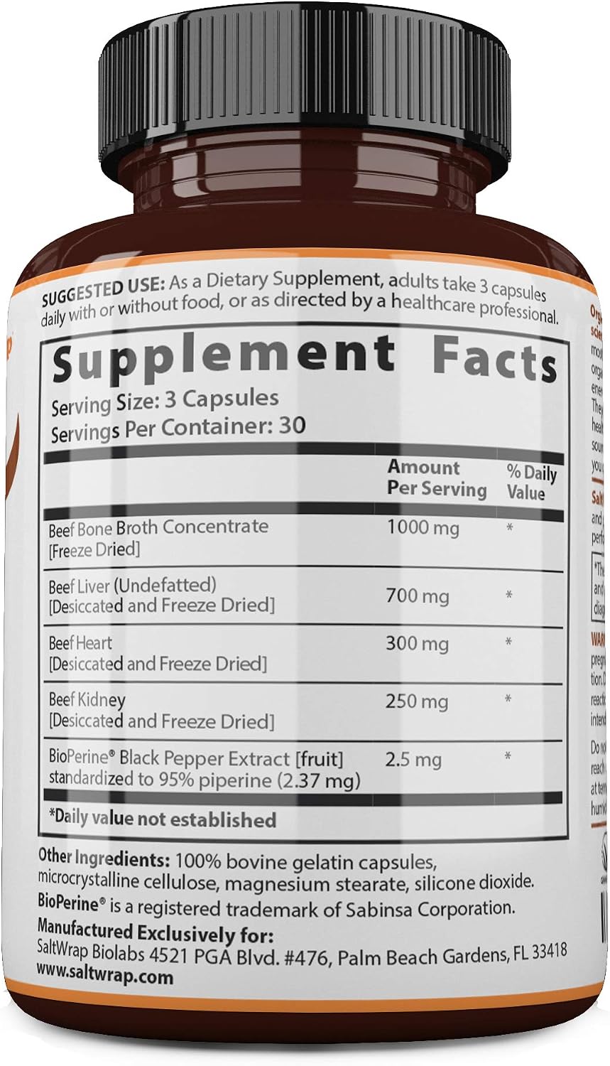 SaltWrap Organ Therapy - Grass Fed Beef Organ Meat Complex Supplement with Organic Bone Broth Concentrate (Beef Liver, Heart, Kidney and Bone Broth Capsules with BioPerine) Desiccated, 90 Capsules