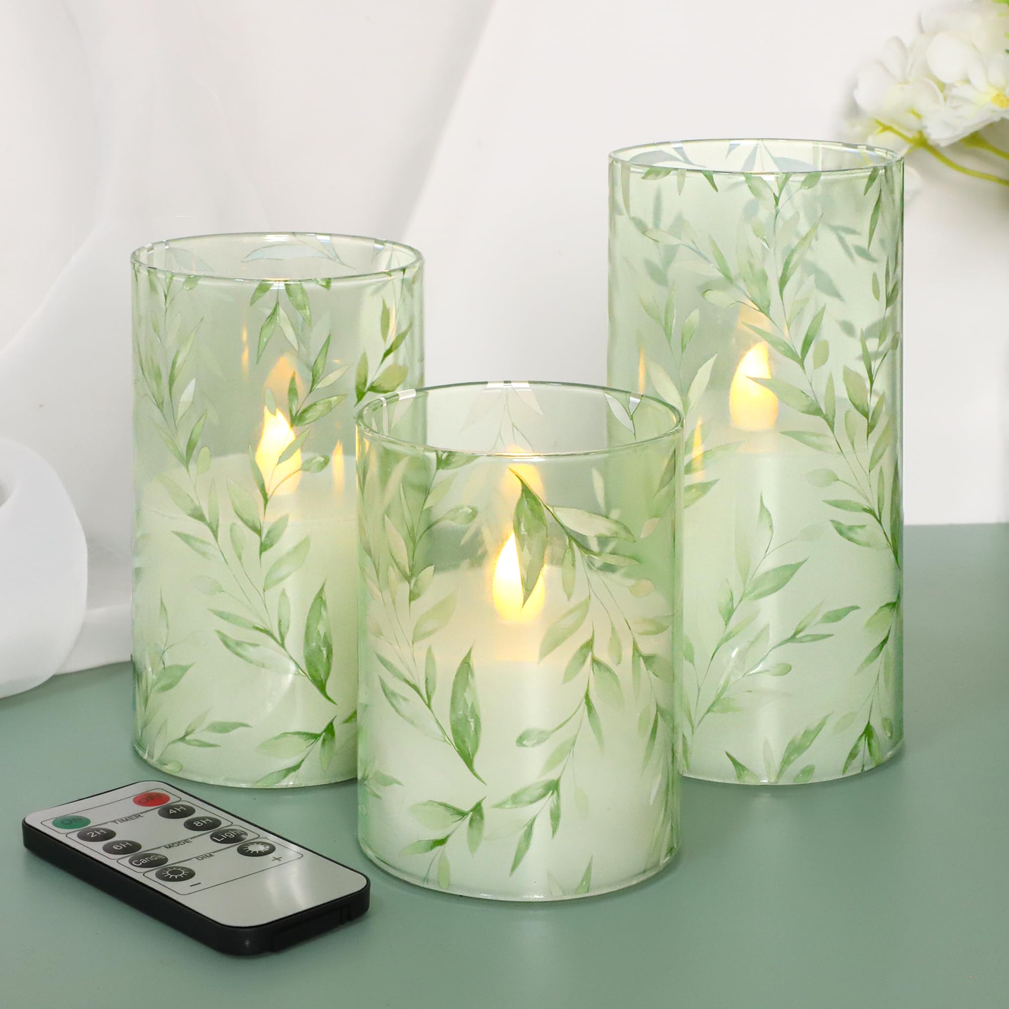 Immeiscent Glass Flameless Candles Green Decor Willow Leaves Vines Greenery Battery Operated LED Pillar Candles for Elegant Home Botanical Decor