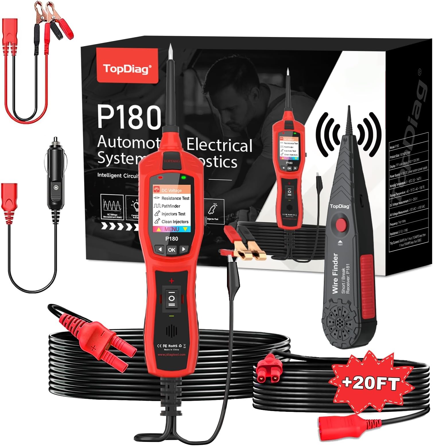 Circuit Breaker Finder Tool, Battery Tester, AC DC Voltage Tester, Fuel Injector Tester, 9V-30V Automotive Circuit Tester with 40FT Cable, P180