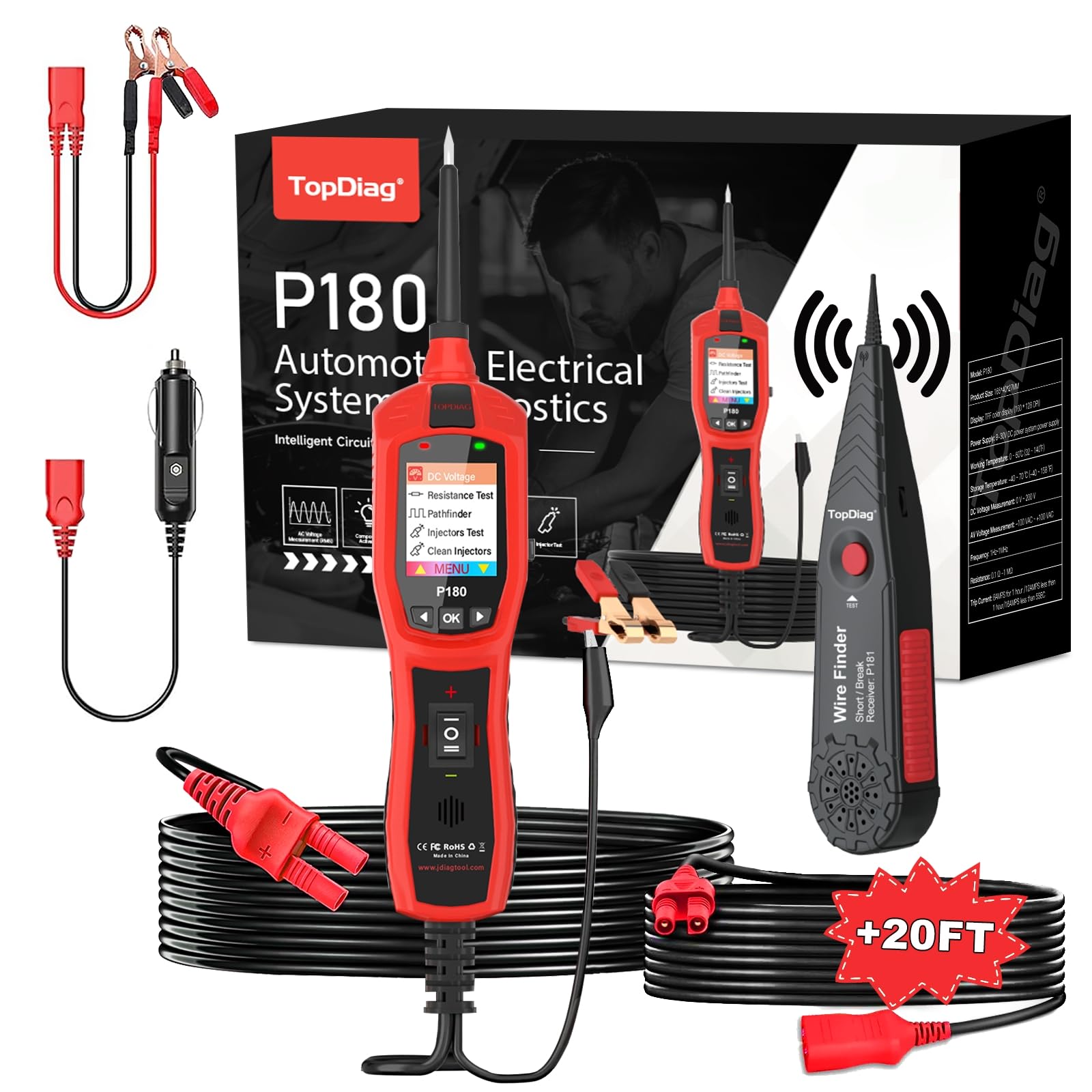 Circuit Breaker Finder Tool, Battery Tester, AC DC Voltage Tester, Fuel Injector Tester, 9V-30V Automotive Circuit Tester with 40FT Cable, P180