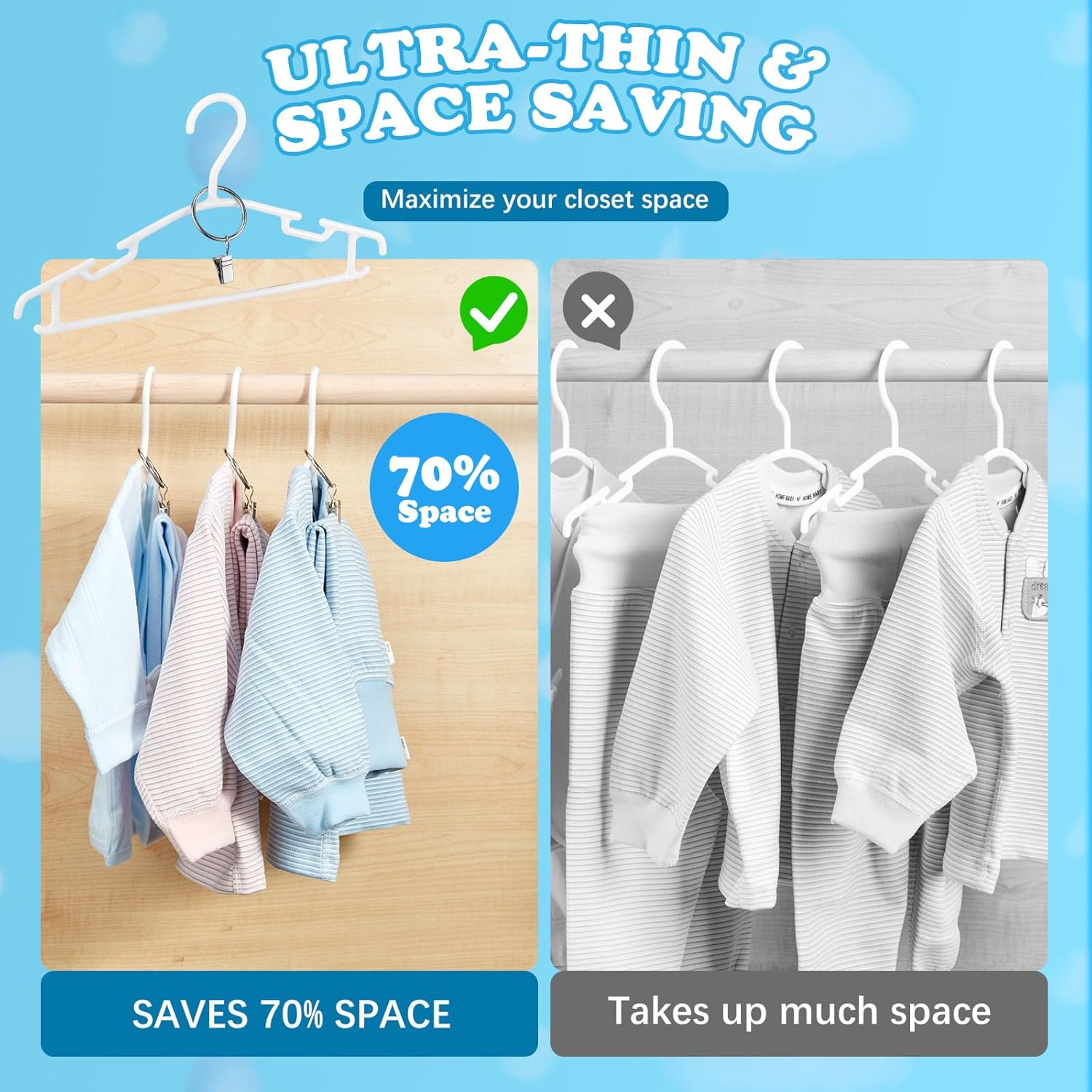 Baby Hangers with Metal Ring Clips, Children Plastic Hanger for Kids Pants Clothes Closet, 20 Pack, White - Image 6