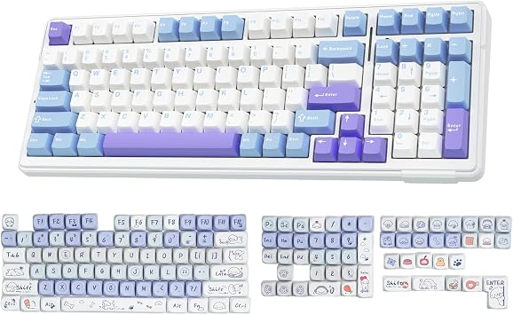 AULA Wireless Keyboard and Keycaps Combo, F99 Full Size Mechanical Keyboard White&Blue Keycap Set