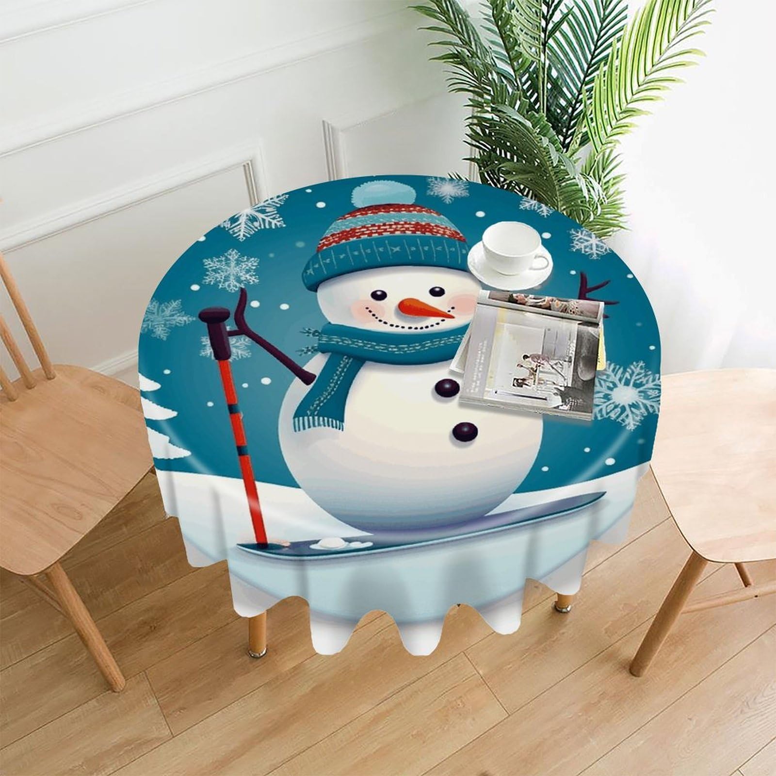 Lovely Christmas Cartoon Skiing Snowman Snowflake Round Tablecloth Cover 60 Inch Wrinkle Free Washable Polyester Fabric Table Cover Decorative Round Table Cloth for Home Dining Kitchen Party Farmhouse