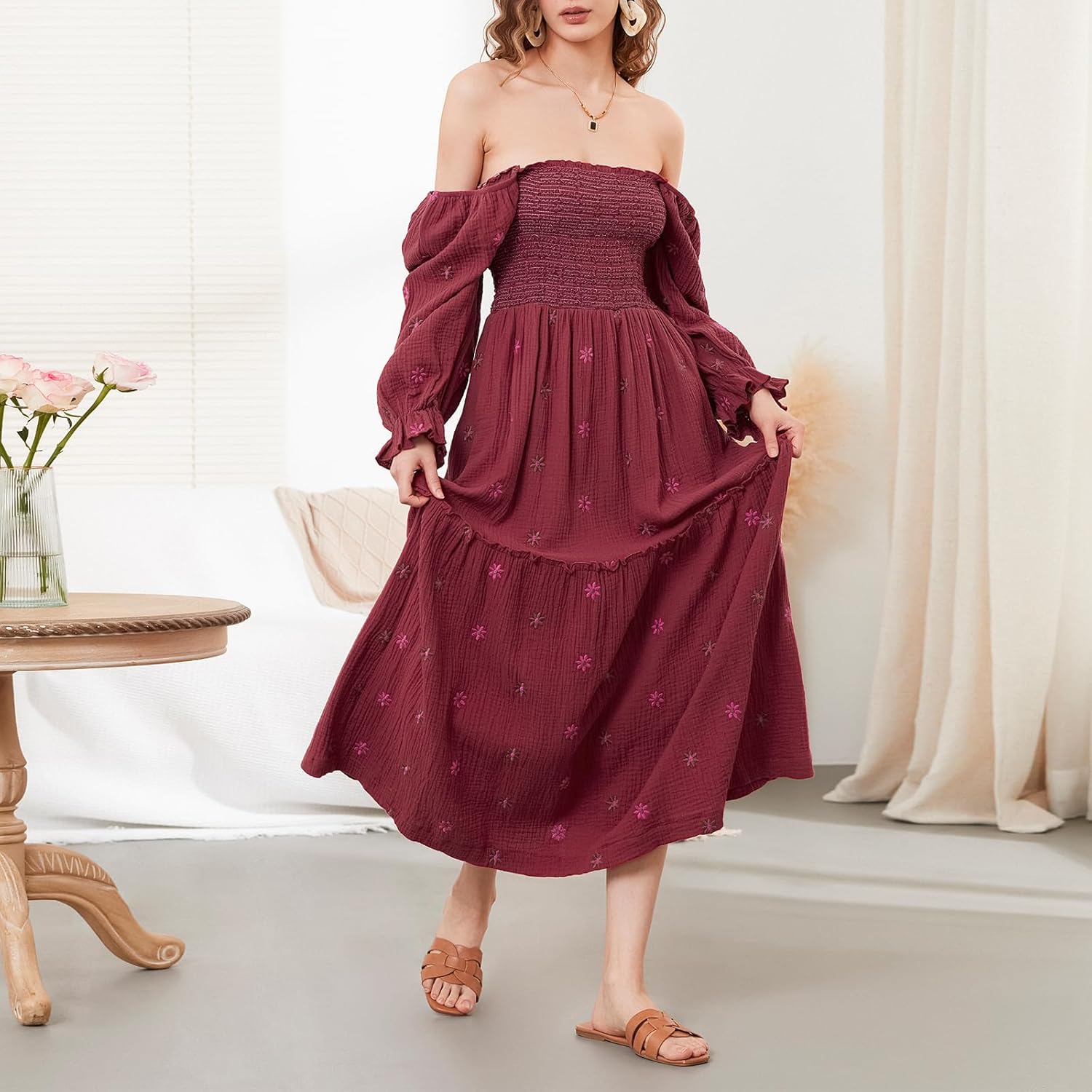 Women's Floral Embroidered Maxi Dress Puff Long Sleeve Square Neck Smocked Tiered Ruffle Dress Boho Flowy Long Dresses