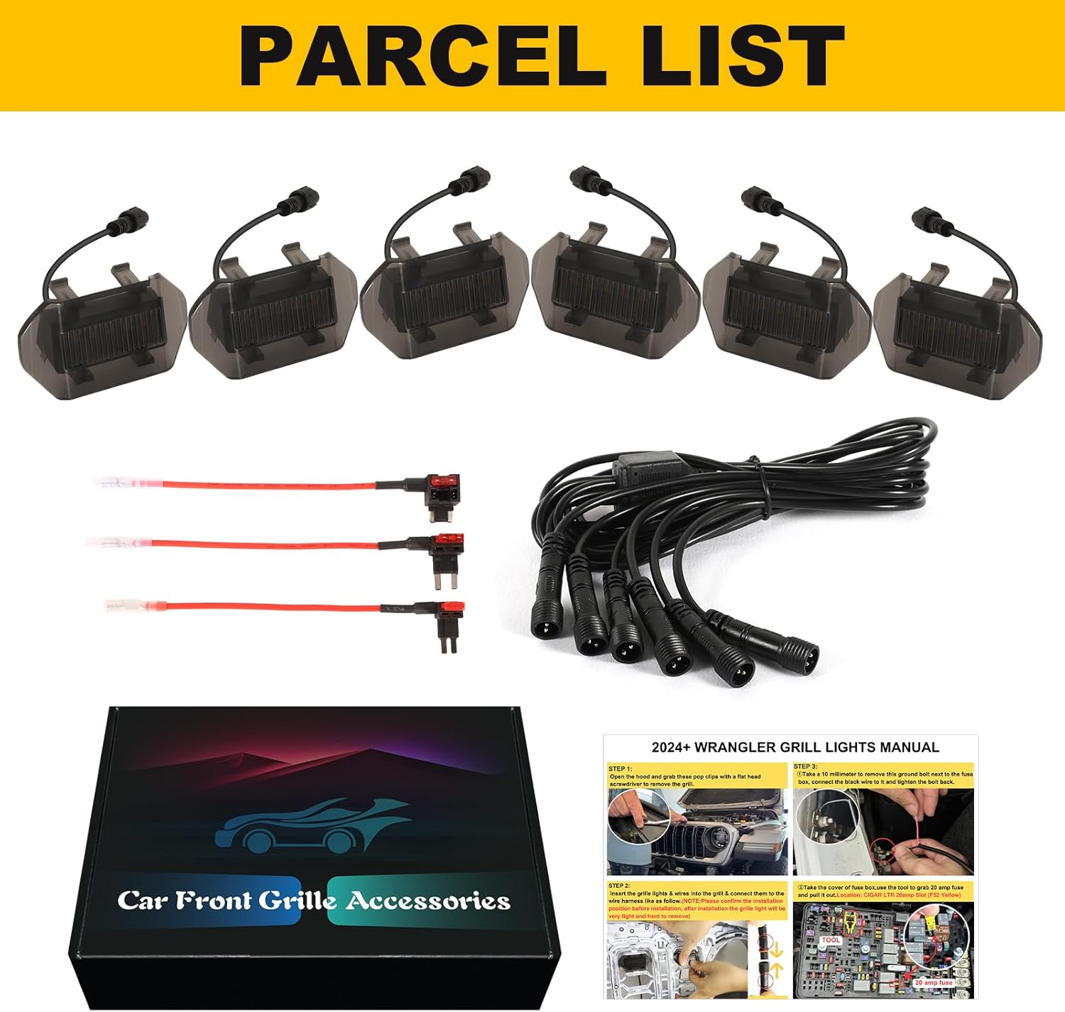 Led Grill Grille Lights for 2024 2025 2026 Jeep Wrangler JL Jlu Sport Front Grills Lights Accessories 6pcs/Sets Amber LEDs