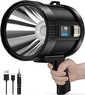 Rechargeable Spotlight Flashlight, Led Spot Lights Outdoor Handheld Spotlights for Hunting Boating Camping, 100000 Lumens Super Bright Waterproof Searchlight w/6 Modes, Cob Light & Solar Panels