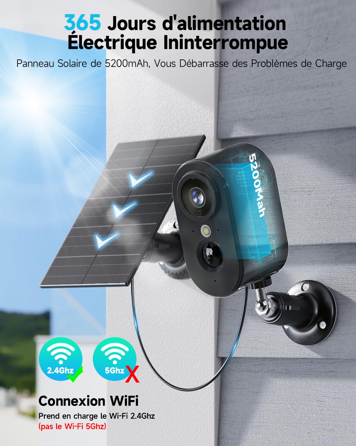 2K Caméra Surveillance WiFi Exterieure sans Fil Batterie - Camera Surveillance WiFi avec Panneau Solaire, Vision Nocturne Couleur, Extérieure/Intérieure, PIR Détection Mouvement, IP66, Noir