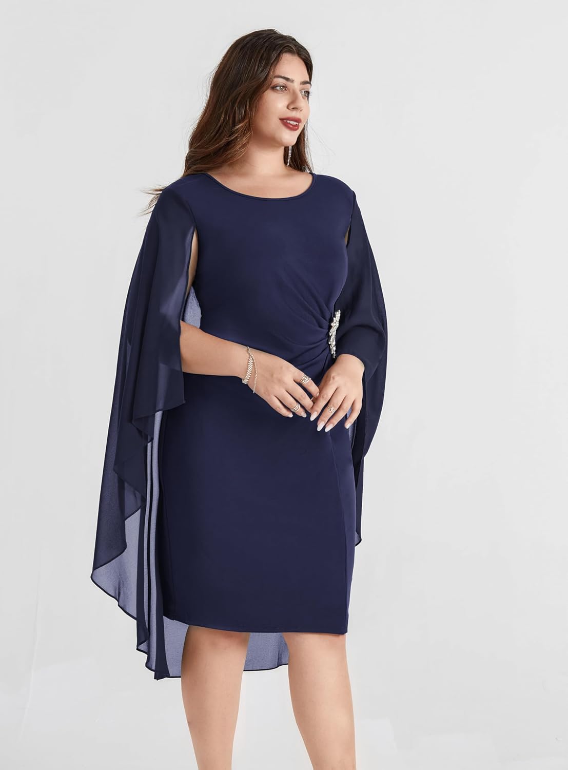Hanna Nikole Womens Plus Size Chiffon Cape Dress Crew Neck Wedding Guest Dresses Ruched Bodycon Cocktail Pencil Dress