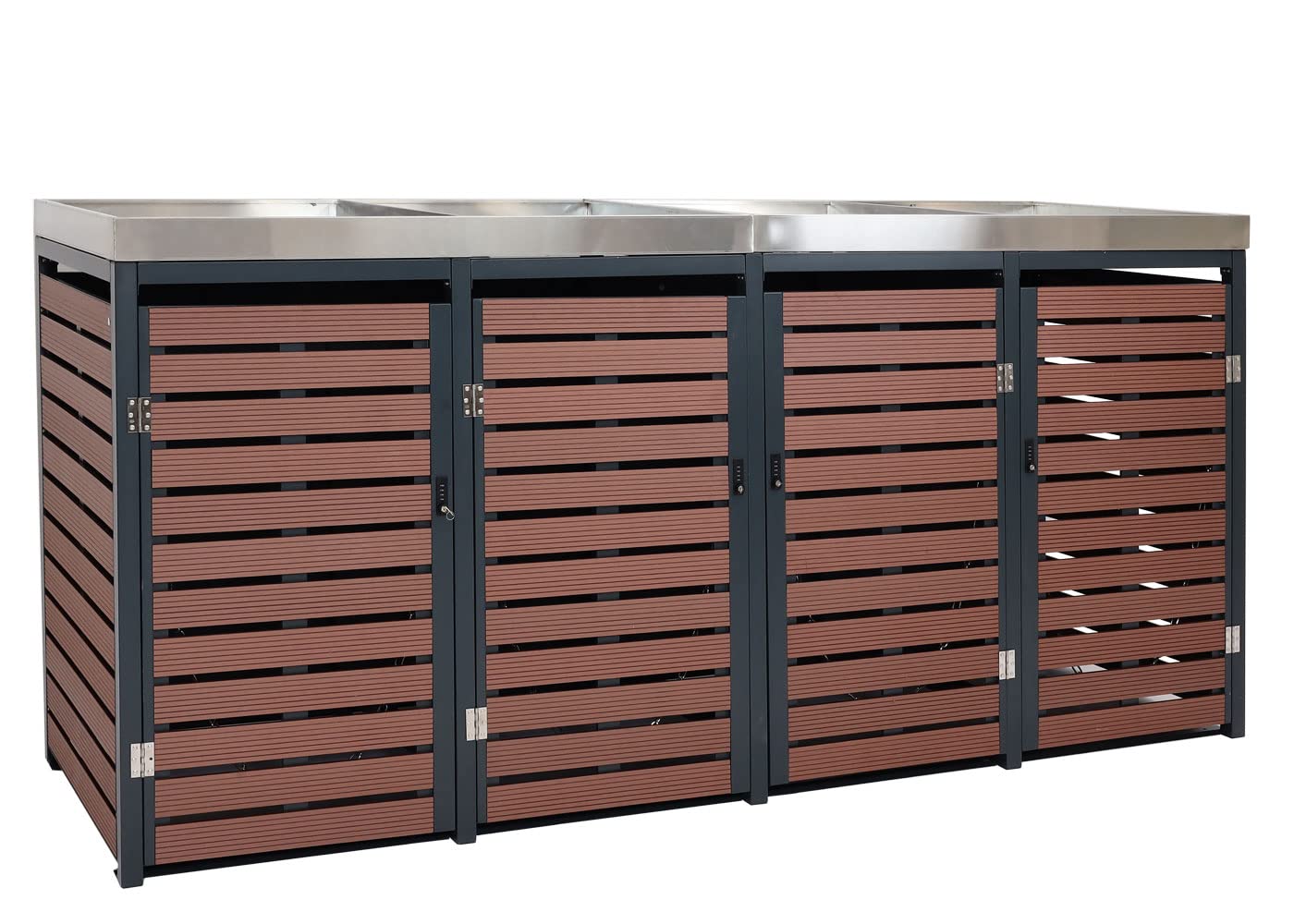 4x copribidoni box spazzatura rifiuti con fioriera HWC-K14 84x265x124cm metallo WPC marrone