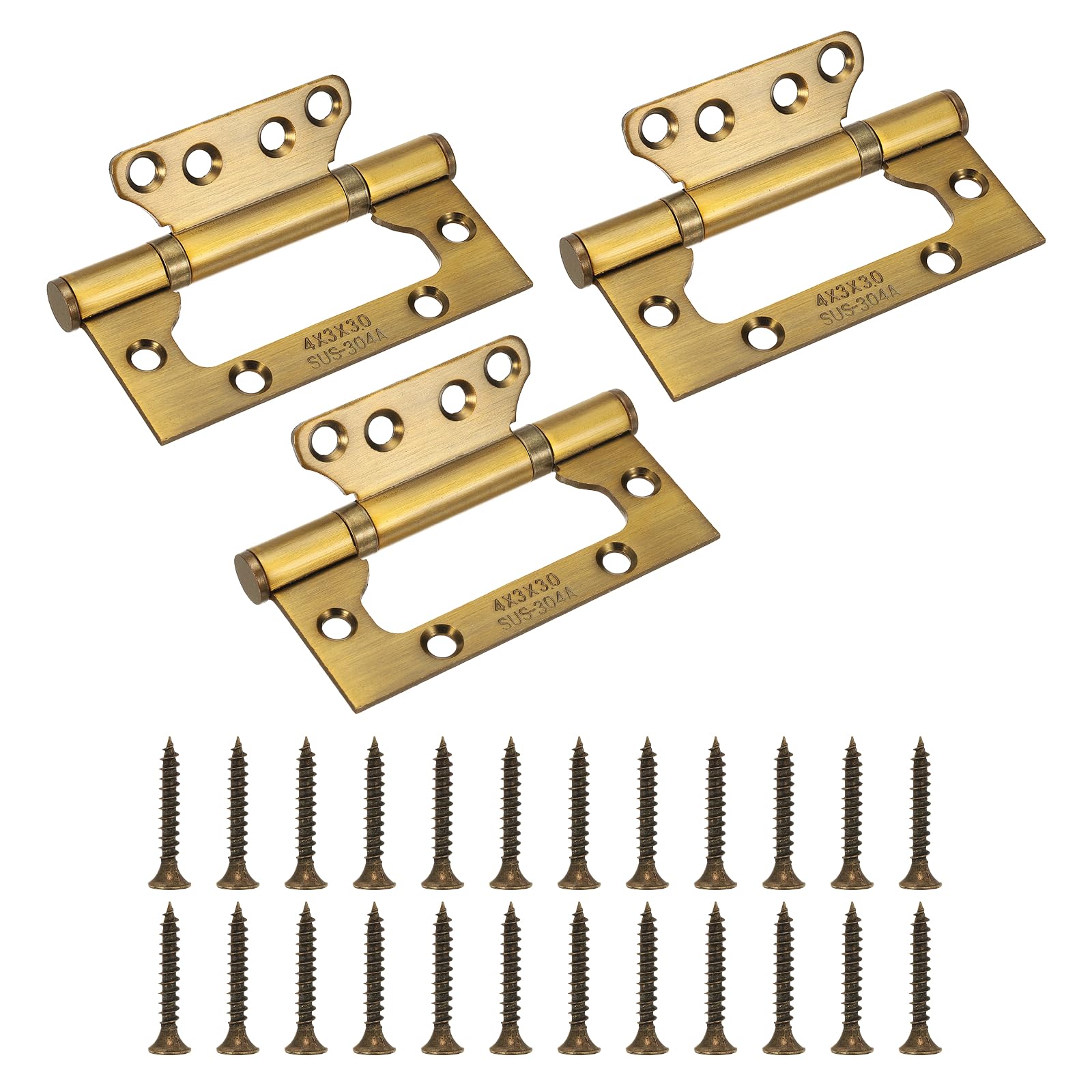 sourcing map 3Pcs Non Mortise Door Hinges, 4" x 2" Stainless Steel Hinges with Mounting Screws, Ball Bearing Door Hinges for Interior and Exterior Doors, Wood and Metal Doors, Brass
