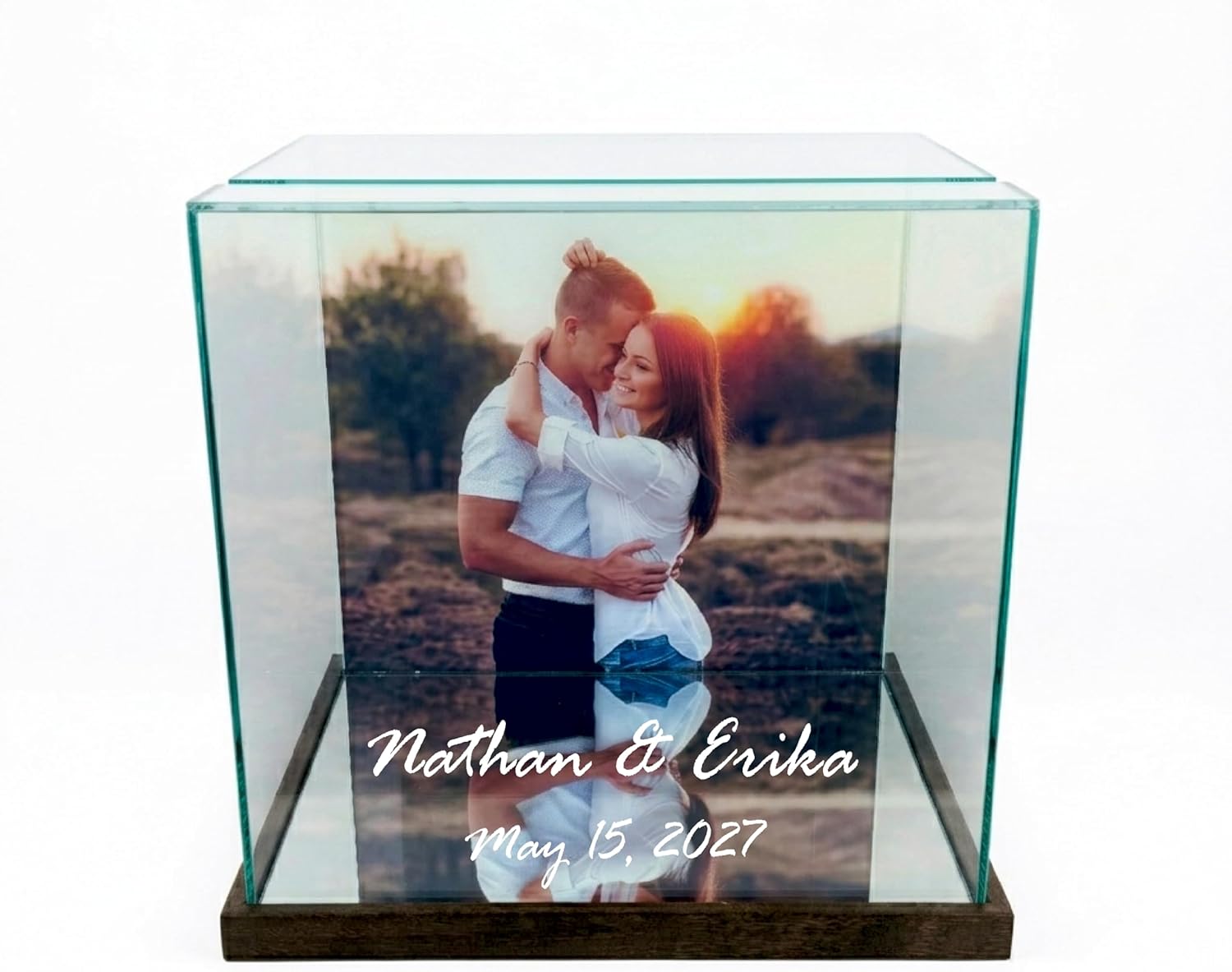 Perfect Cases Personalized Wedding Card Box with Photo | UV Printed Couple's Photo on Real Glass | Custom Names & Date | Mirrored Base | 8 Frame Colors | Wedding Keepsake Display Case