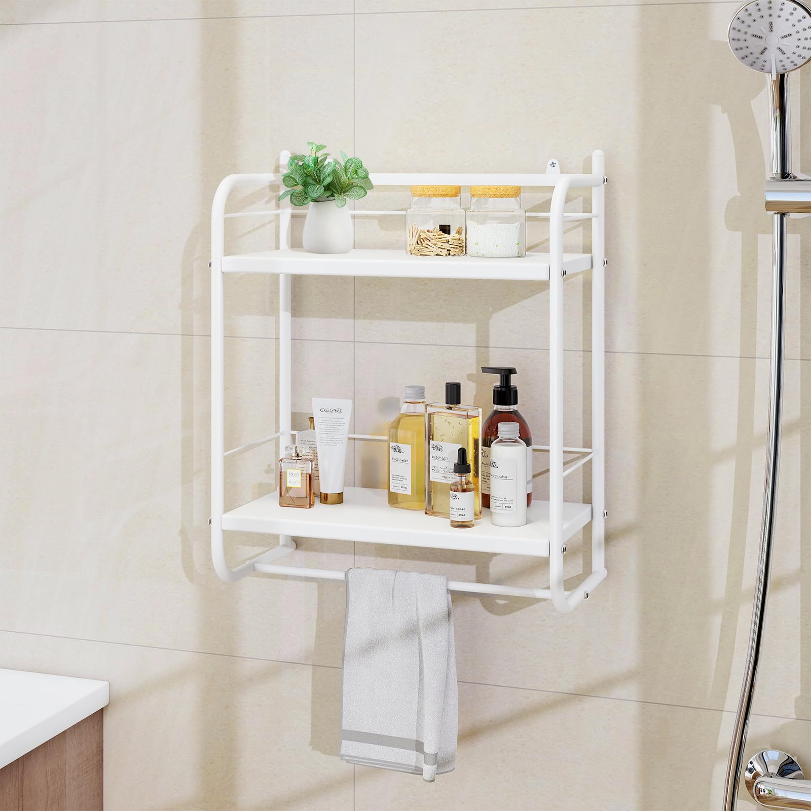 HDANI Estantería de Pared de Metal de 2 Niveles,con 2 estantes Ajustables,Estante de Ducha para baño,Dormitorio,salón,Cocina, Oficina en casa,lavadero,41×21,5×49,5cm,Blanco